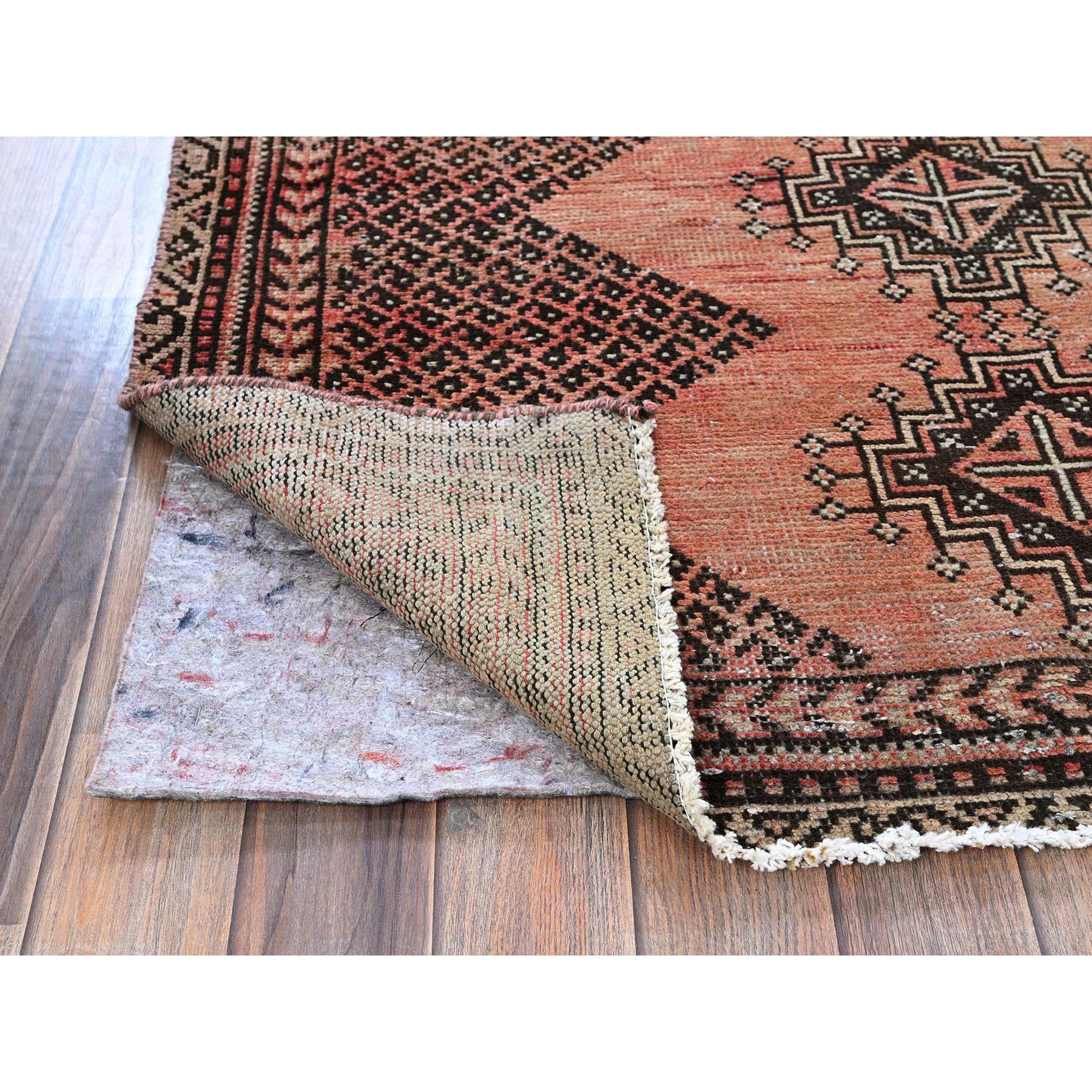 3'9"x6' Peach Color, Vintage Persian Shiraz with Intricate Paisley Design, Shaved Down, Zero Pile, Sides and Ends Professionally Secured, Clean, Hand Knotted, 100% Wool, Oriental Rug Sh860