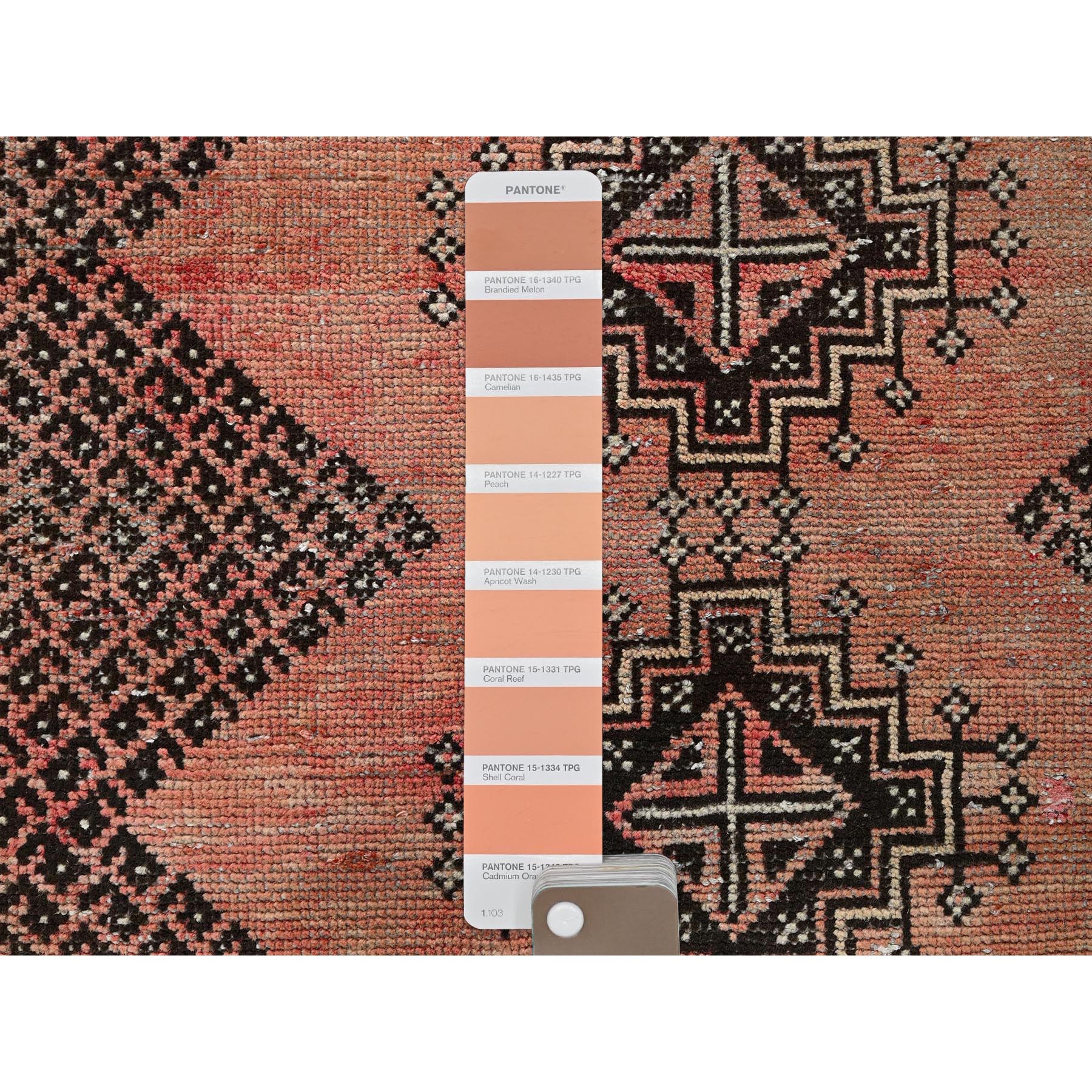 3'9"x6' Peach Color, Vintage Persian Shiraz with Intricate Paisley Design, Shaved Down, Zero Pile, Sides and Ends Professionally Secured, Clean, Hand Knotted, 100% Wool, Oriental Rug Sh860