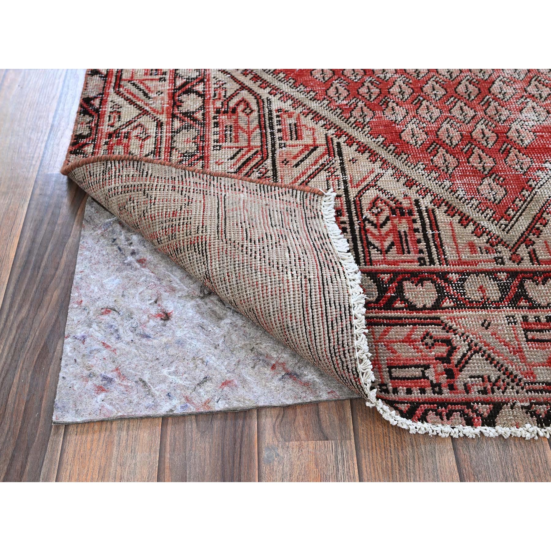 3'10"x6'1" Ajax Red, Vintage Persian Sarouk Mir with Small Repetitive Boteh Design, Worn and Distressed, Shaved Down, Zero Pile, Sides and Ends Professionally Secured, Hand Knotted, 100% Wool, Oriental Rug Sh861