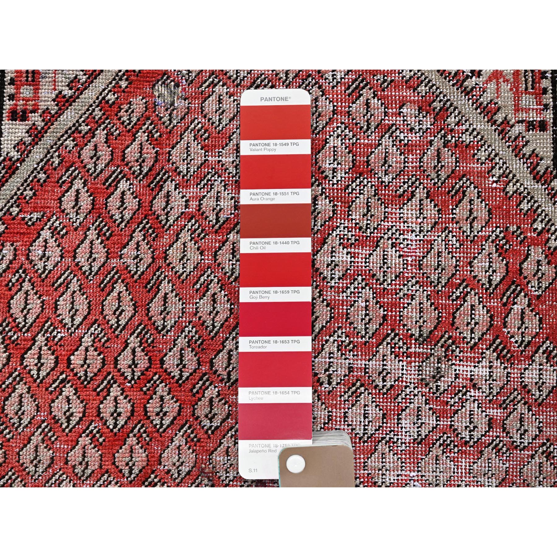 3'10"x6'1" Ajax Red, Vintage Persian Sarouk Mir with Small Repetitive Boteh Design, Worn and Distressed, Shaved Down, Zero Pile, Sides and Ends Professionally Secured, Hand Knotted, 100% Wool, Oriental Rug Sh861