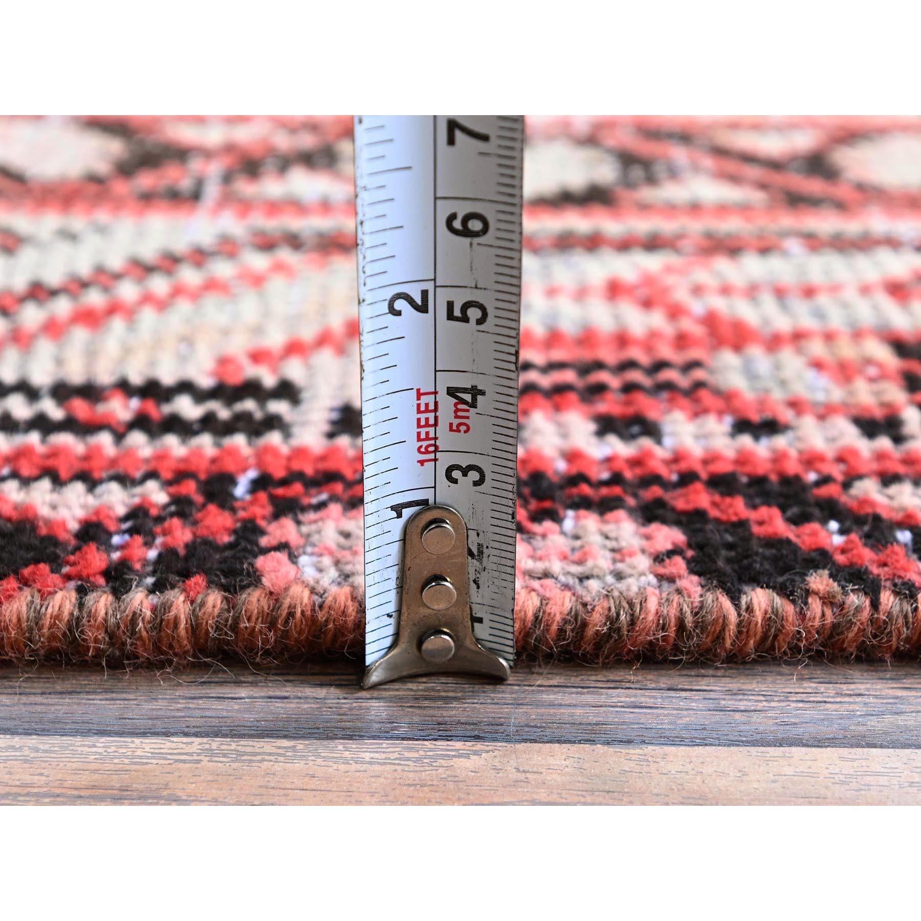 3'10"x6'1" Ajax Red, Vintage Persian Sarouk Mir with Small Repetitive Boteh Design, Worn and Distressed, Shaved Down, Zero Pile, Sides and Ends Professionally Secured, Hand Knotted, 100% Wool, Oriental Rug Sh861