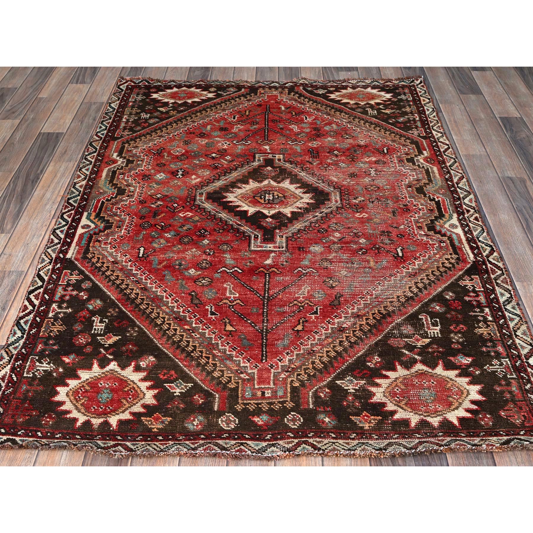 4'2"x5'7" Crimson Red, Vintage Persian Shiraz with Small Animal Figurines, Geometric Medallion Design, Shaved Down, Zero Pile, Sides and Ends Professionally Secured, Clean, Hand Knotted, 100% Wool, Oriental Rug Sh862