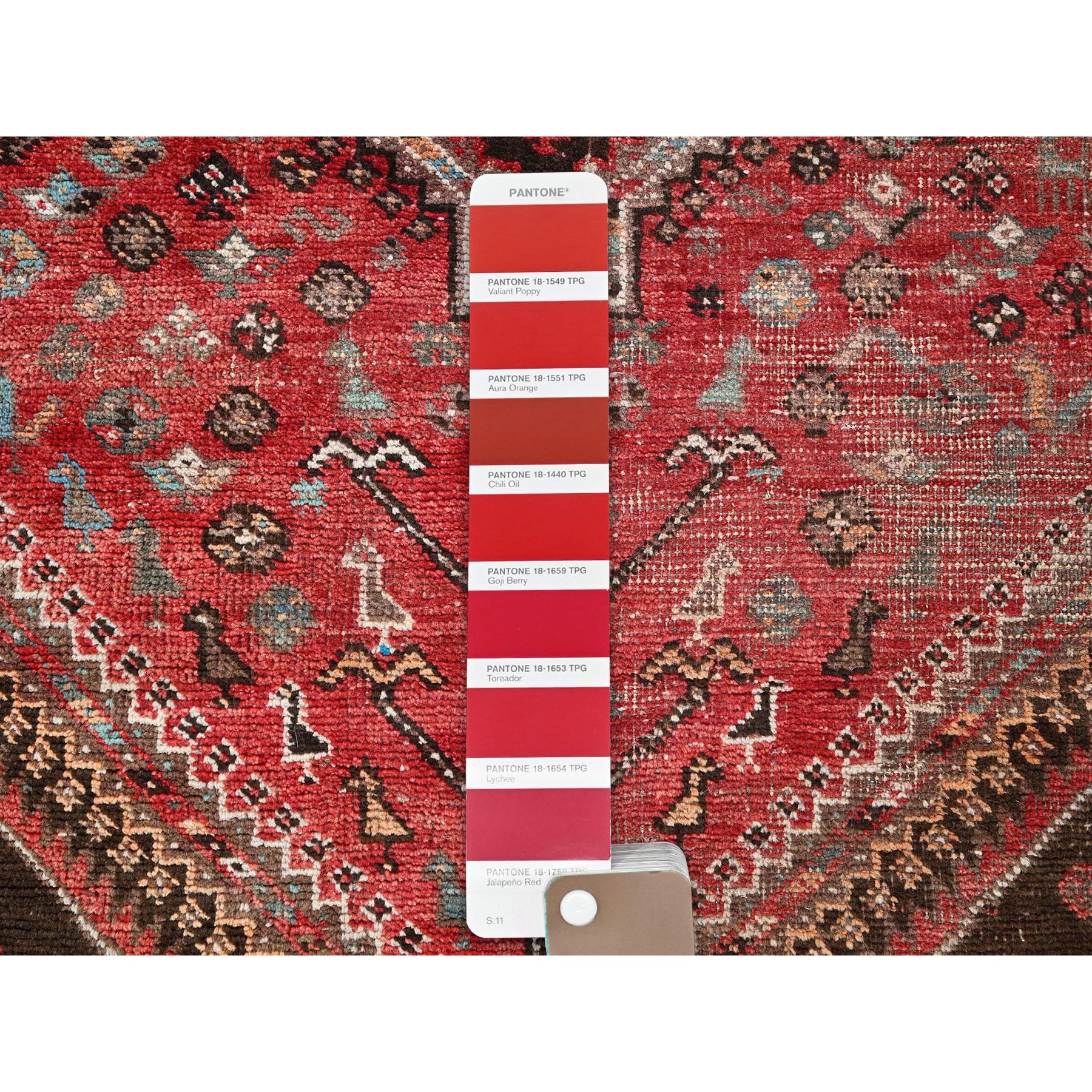 4'2"x5'7" Crimson Red, Vintage Persian Shiraz with Small Animal Figurines, Geometric Medallion Design, Shaved Down, Zero Pile, Sides and Ends Professionally Secured, Clean, Hand Knotted, 100% Wool, Oriental Rug Sh862