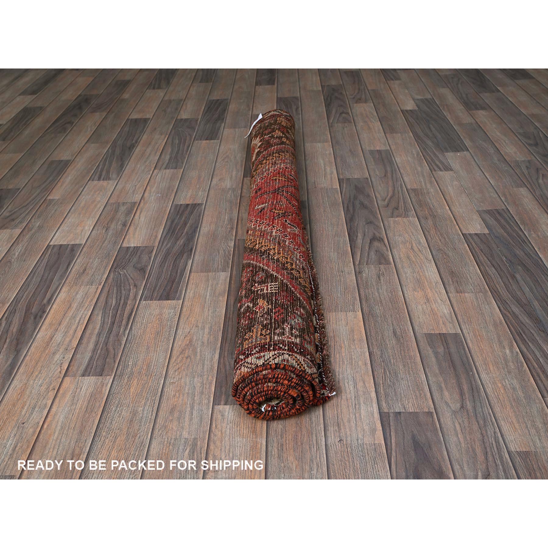 4'2"x5'7" Crimson Red, Vintage Persian Shiraz with Small Animal Figurines, Geometric Medallion Design, Shaved Down, Zero Pile, Sides and Ends Professionally Secured, Clean, Hand Knotted, 100% Wool, Oriental Rug Sh862