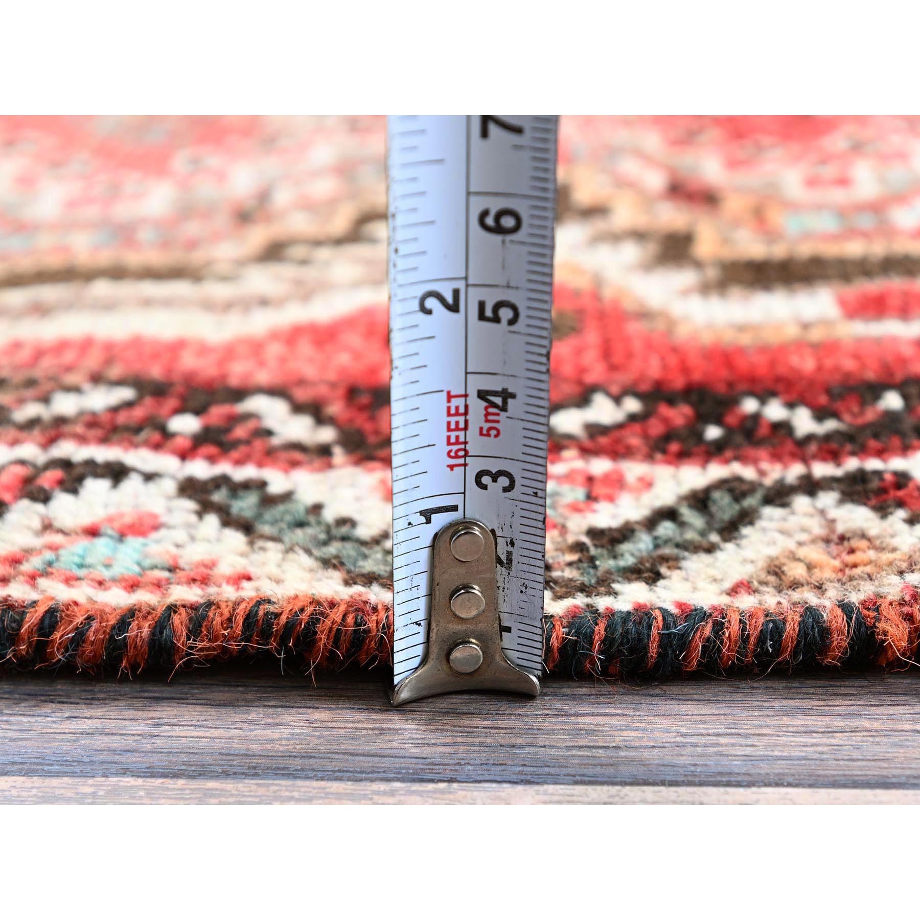 4'2"x5'7" Crimson Red, Vintage Persian Shiraz with Small Animal Figurines, Geometric Medallion Design, Shaved Down, Zero Pile, Sides and Ends Professionally Secured, Clean, Hand Knotted, 100% Wool, Oriental Rug Sh862