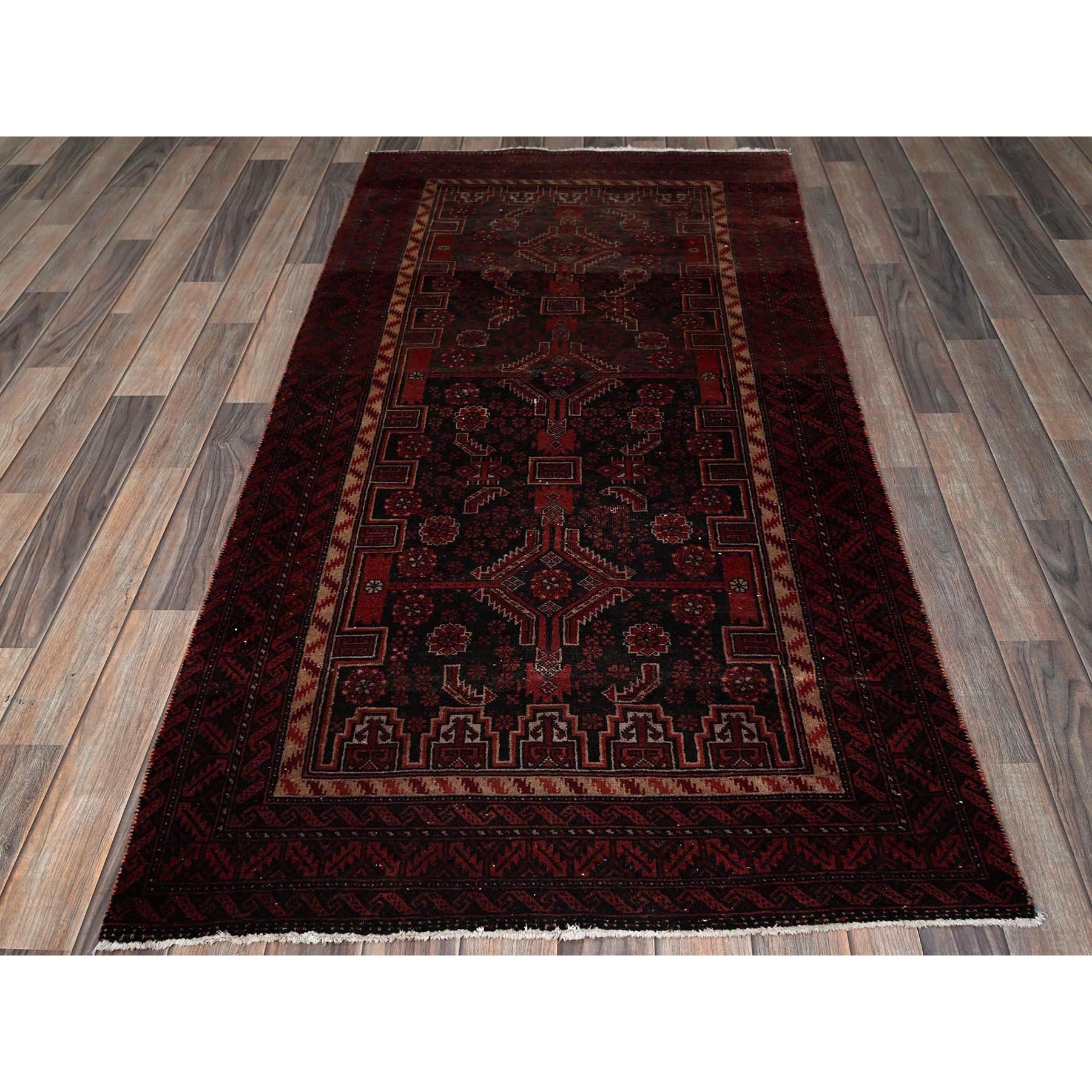 3'1"x6'5" Vermilion Red, Vintage Persian Baluch with Geometric Pattern, Sheared Low, Zero Pile, Evenly Worn, Sides and Ends Professionally Secured, Clean, Hand Knotted, 100% Wool, Wide Runner, Oriental Rug Sh863