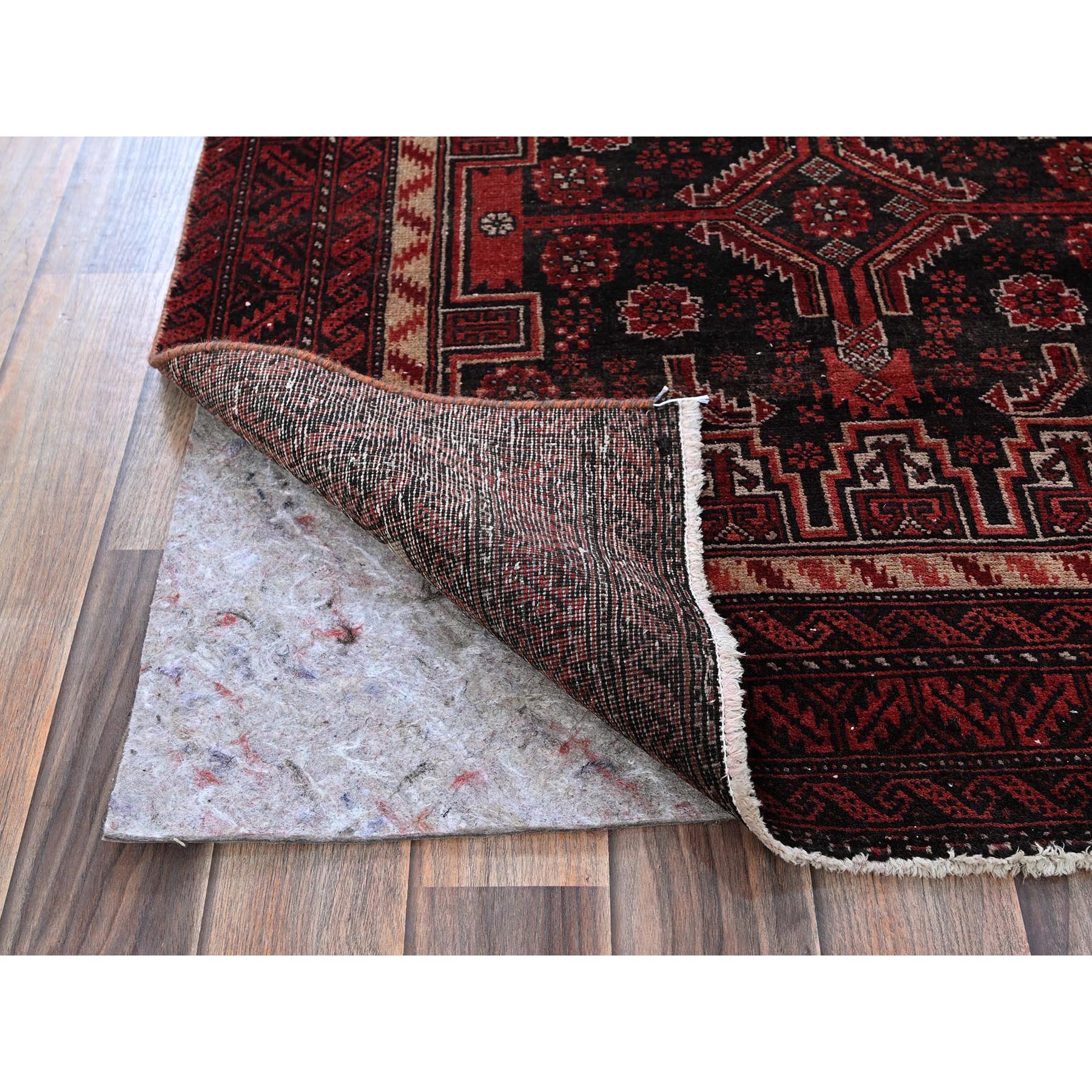 3'1"x6'5" Vermilion Red, Vintage Persian Baluch with Geometric Pattern, Sheared Low, Zero Pile, Evenly Worn, Sides and Ends Professionally Secured, Clean, Hand Knotted, 100% Wool, Wide Runner, Oriental Rug Sh863