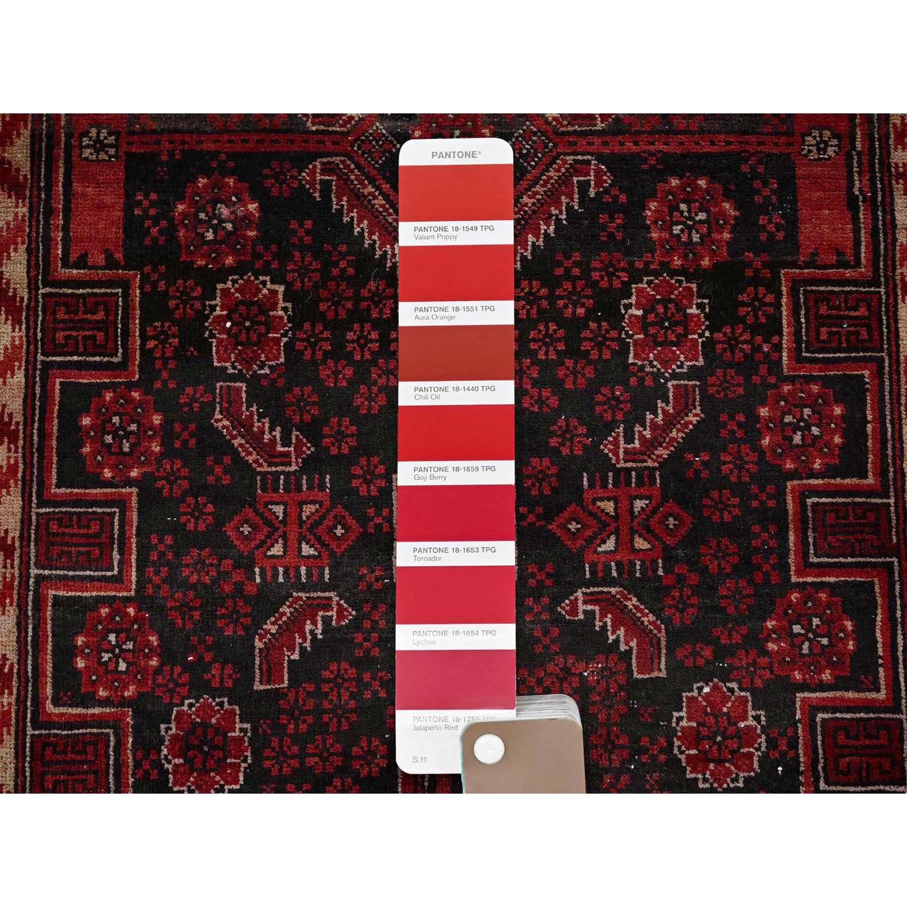 3'1"x6'5" Vermilion Red, Vintage Persian Baluch with Geometric Pattern, Sheared Low, Zero Pile, Evenly Worn, Sides and Ends Professionally Secured, Clean, Hand Knotted, 100% Wool, Wide Runner, Oriental Rug Sh863