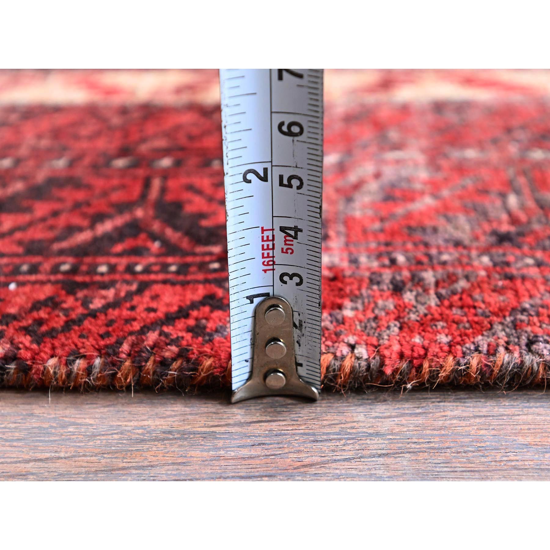 3'1"x6'5" Vermilion Red, Vintage Persian Baluch with Geometric Pattern, Sheared Low, Zero Pile, Evenly Worn, Sides and Ends Professionally Secured, Clean, Hand Knotted, 100% Wool, Wide Runner, Oriental Rug Sh863