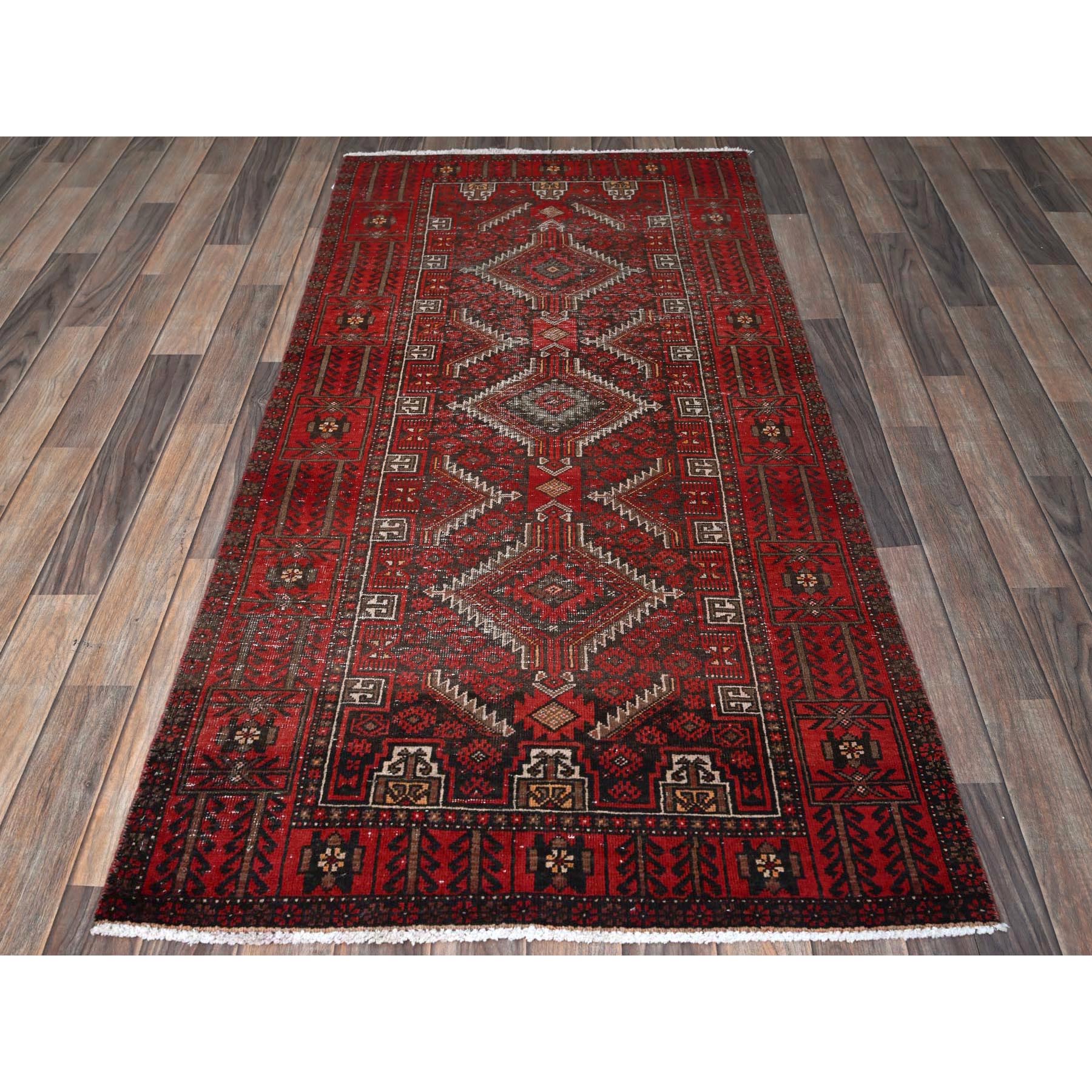 3'x6'1" Scarlet Red, Vintage Persian Baluch with Geometric Pattern, Shaved Low, Zero Pile, Worn and Distressed, Sides and Ends Professionally Secured, Hand Knotted, 100% Wool, Wide Runner, Oriental Rug Sh864