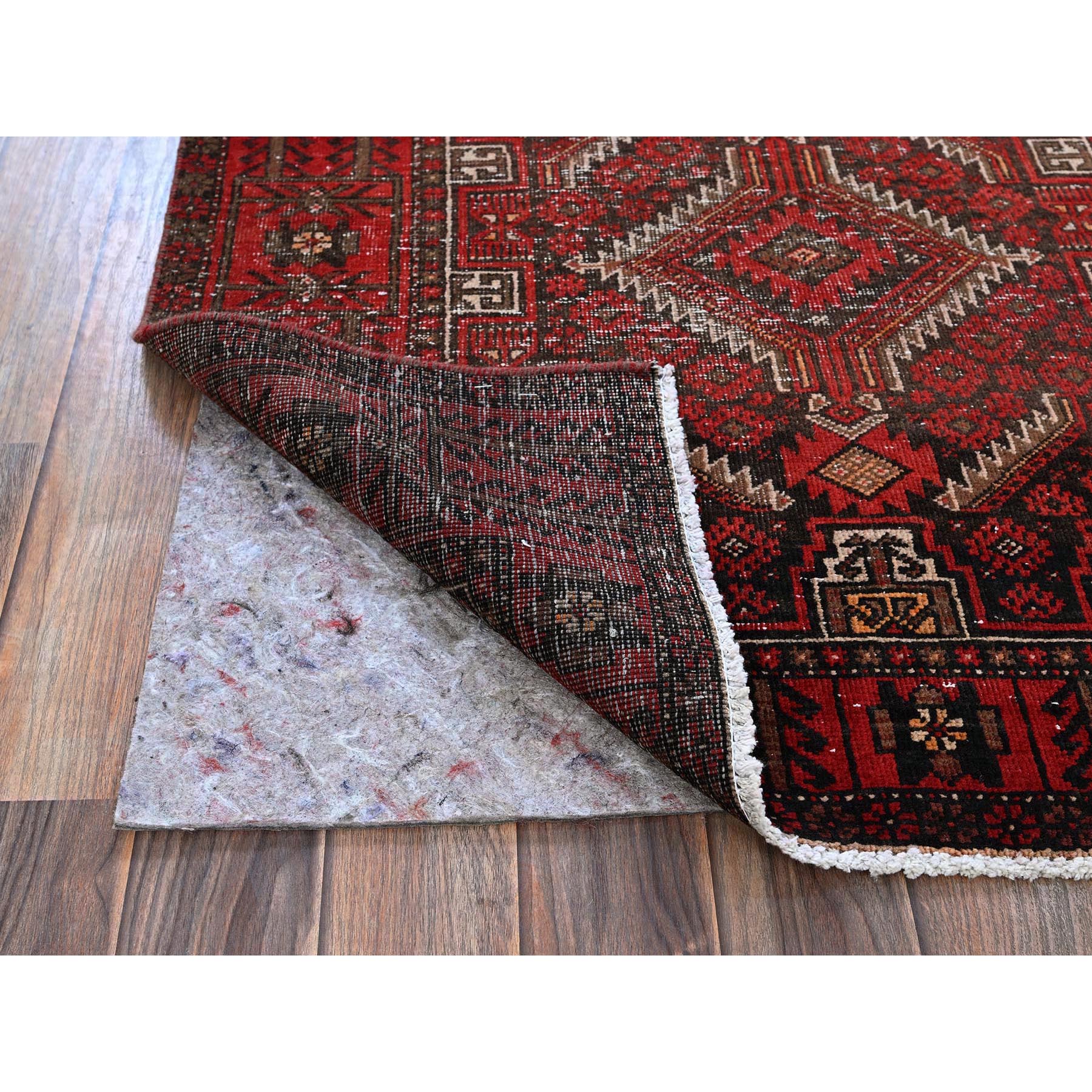 3'x6'1" Scarlet Red, Vintage Persian Baluch with Geometric Pattern, Shaved Low, Zero Pile, Worn and Distressed, Sides and Ends Professionally Secured, Hand Knotted, 100% Wool, Wide Runner, Oriental Rug Sh864