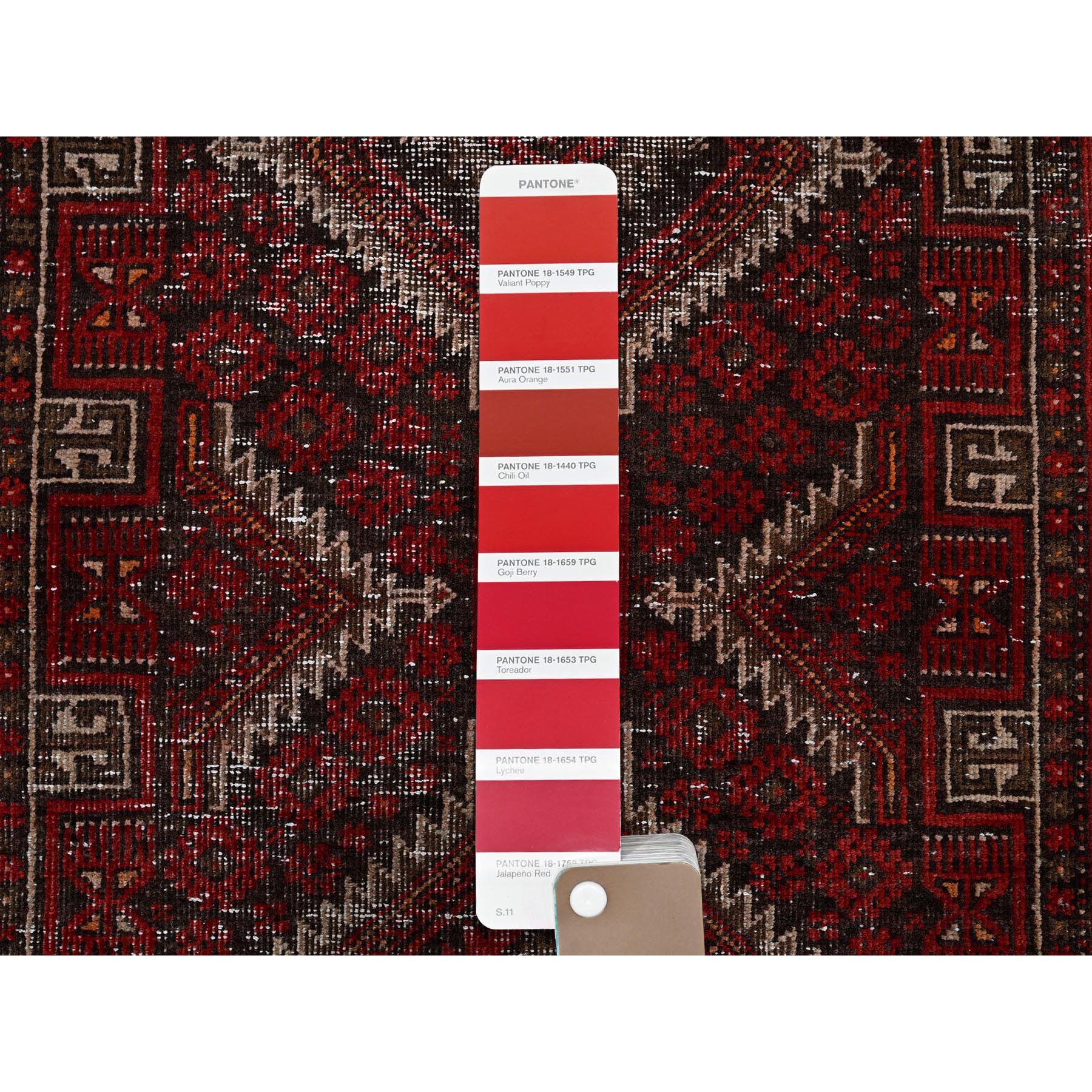 3'x6'1" Scarlet Red, Vintage Persian Baluch with Geometric Pattern, Shaved Low, Zero Pile, Worn and Distressed, Sides and Ends Professionally Secured, Hand Knotted, 100% Wool, Wide Runner, Oriental Rug Sh864