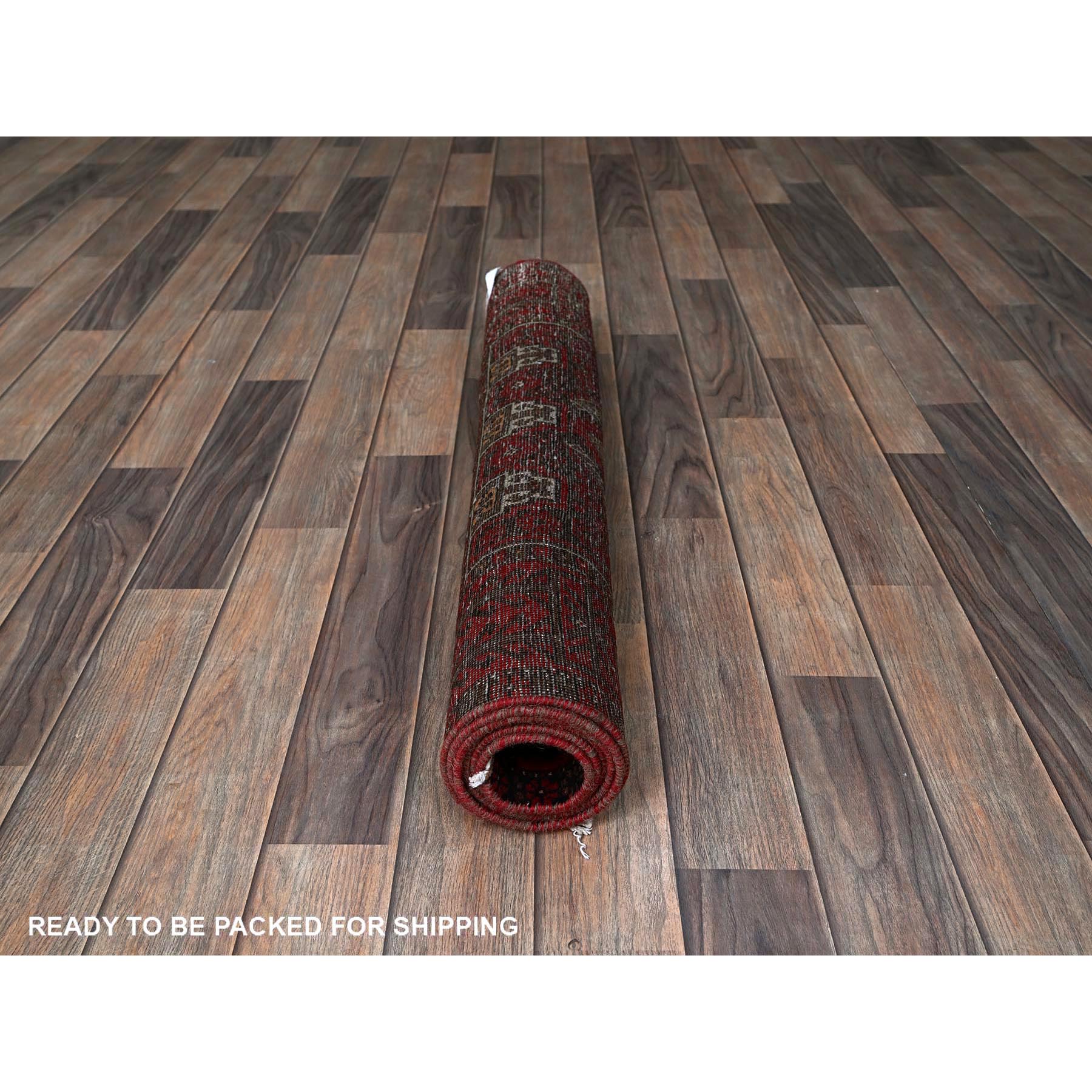 3'x6'1" Scarlet Red, Vintage Persian Baluch with Geometric Pattern, Shaved Low, Zero Pile, Worn and Distressed, Sides and Ends Professionally Secured, Hand Knotted, 100% Wool, Wide Runner, Oriental Rug Sh864