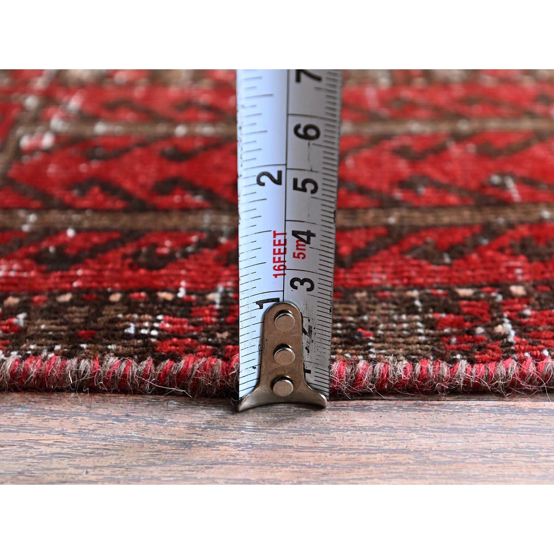 3'x6'1" Scarlet Red, Vintage Persian Baluch with Geometric Pattern, Shaved Low, Zero Pile, Worn and Distressed, Sides and Ends Professionally Secured, Hand Knotted, 100% Wool, Wide Runner, Oriental Rug Sh864