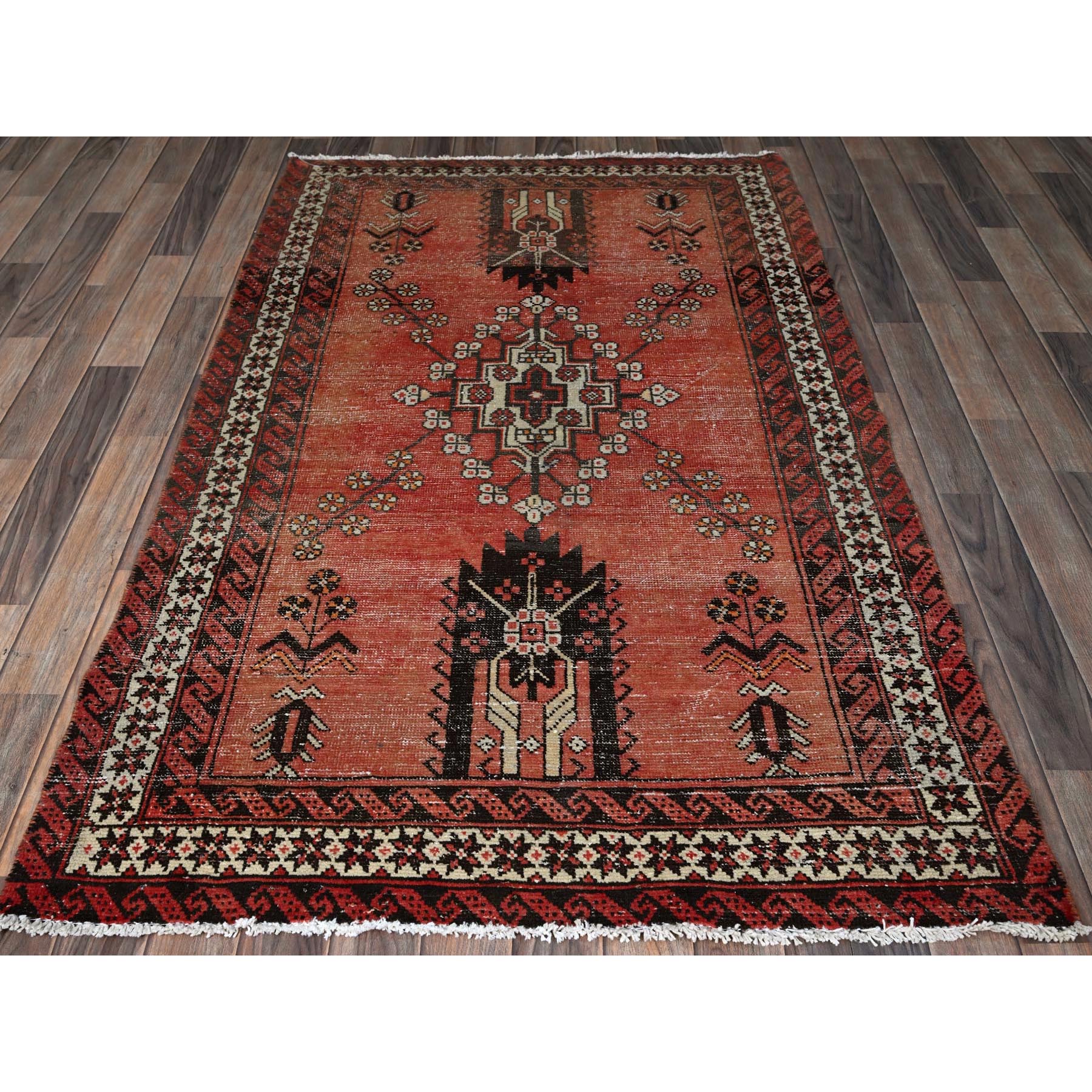 3'9"x6'2" Blush Red, Vintage Persian Baluch with Geometric Pattern, Shaved Low, Zero Pile, Evenly Worn, Sides and Ends Professionally Secured, Clean, Hand Knotted, 100% Wool, Oriental Rug Sh865