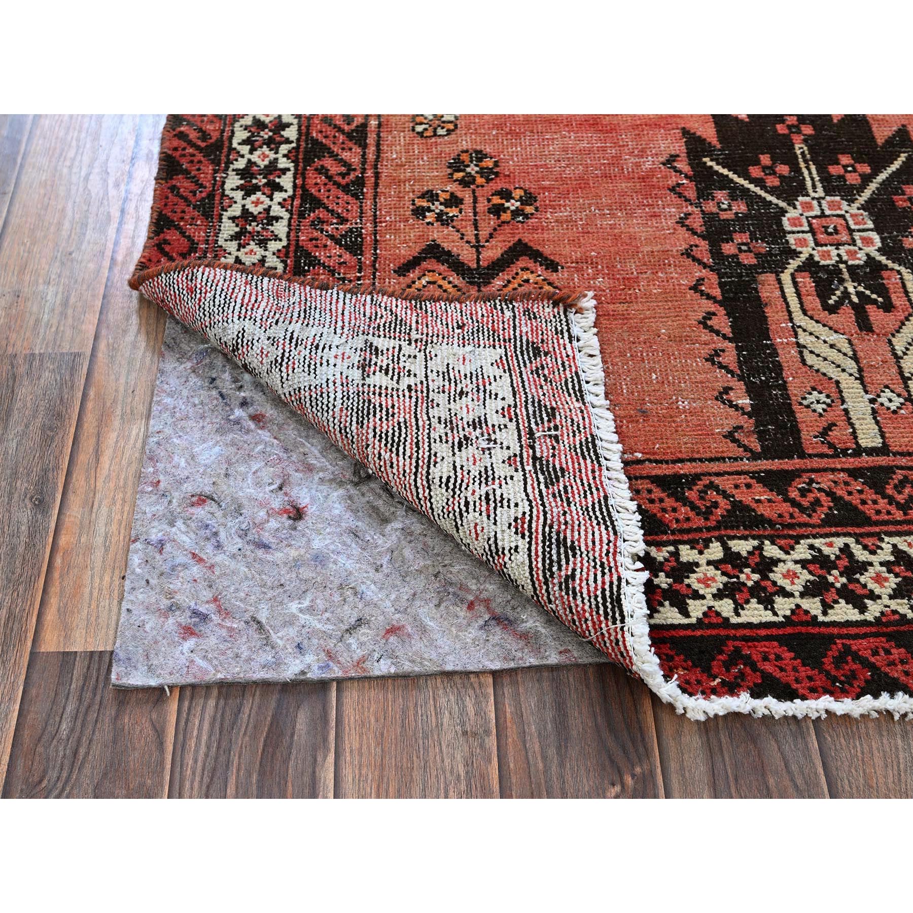 3'9"x6'2" Blush Red, Vintage Persian Baluch with Geometric Pattern, Shaved Low, Zero Pile, Evenly Worn, Sides and Ends Professionally Secured, Clean, Hand Knotted, 100% Wool, Oriental Rug Sh865
