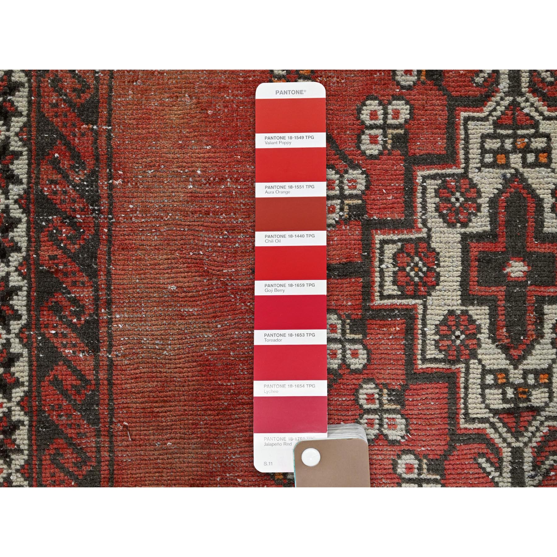3'9"x6'2" Blush Red, Vintage Persian Baluch with Geometric Pattern, Shaved Low, Zero Pile, Evenly Worn, Sides and Ends Professionally Secured, Clean, Hand Knotted, 100% Wool, Oriental Rug Sh865