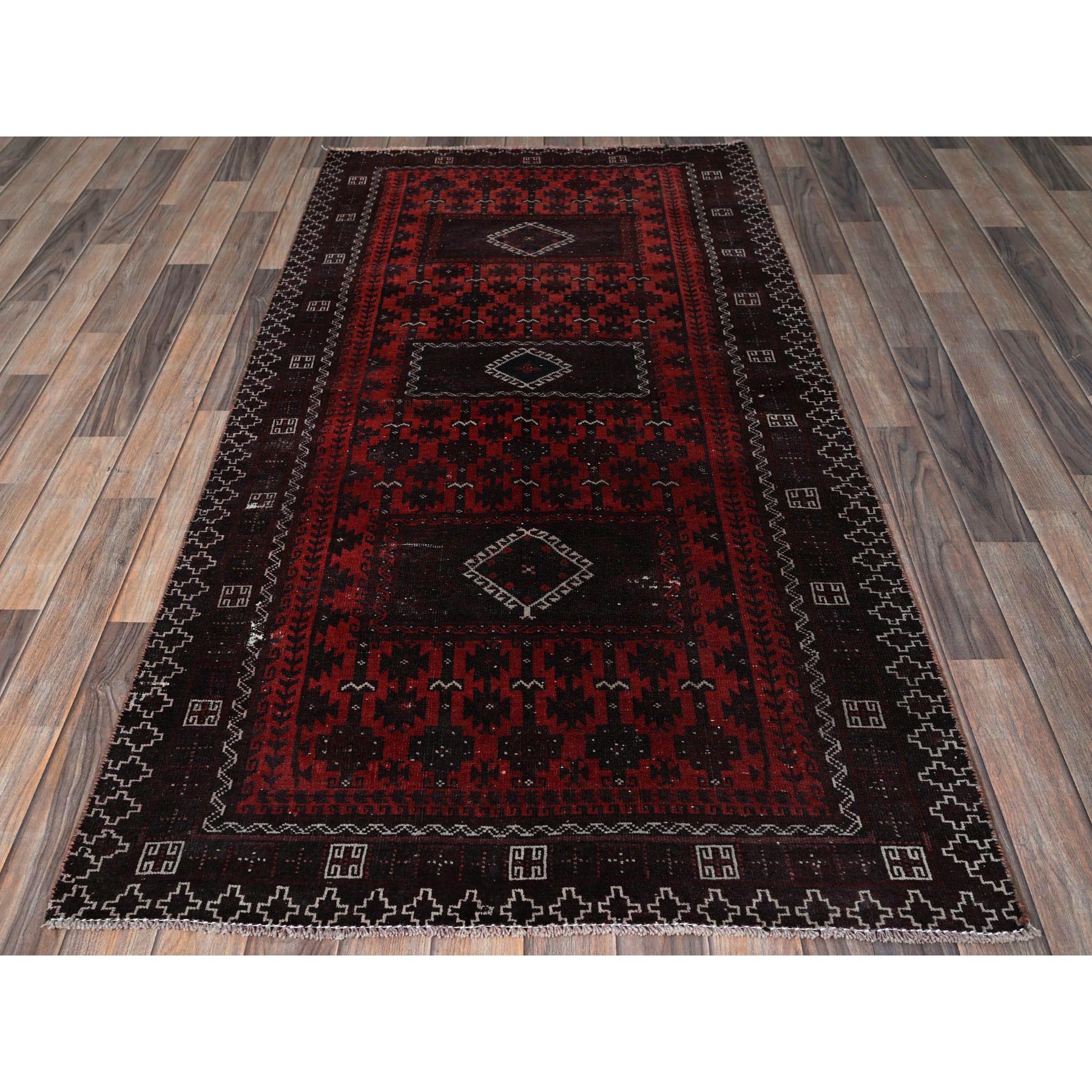 3'5"x6'6" Carmine Red, Vintage Persian Baluch with Geometric Pattern, Sheared Low, Zero Pile, Sides and Ends Professionally Secured, Clean, Hand Knotted, 100% Wool, Wide Runner, Oriental Rug Sh867