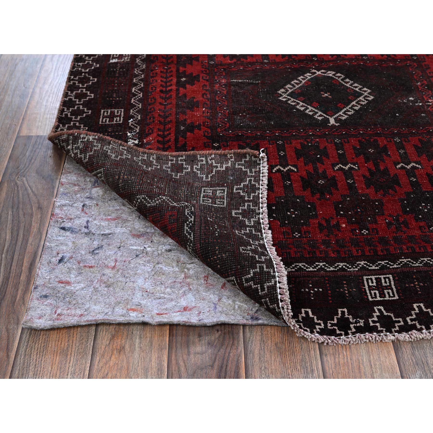 3'5"x6'6" Carmine Red, Vintage Persian Baluch with Geometric Pattern, Sheared Low, Zero Pile, Sides and Ends Professionally Secured, Clean, Hand Knotted, 100% Wool, Wide Runner, Oriental Rug Sh867