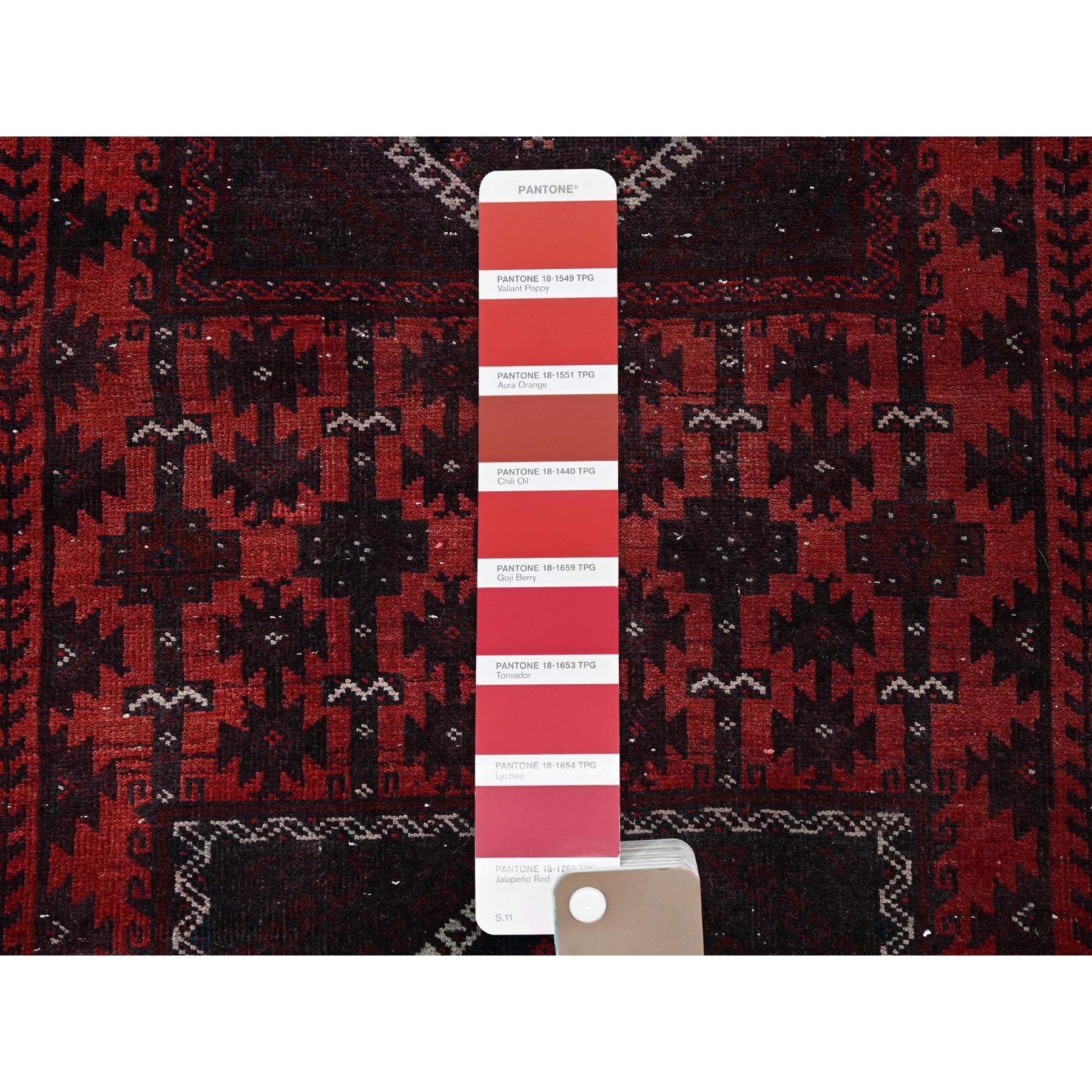 3'5"x6'6" Carmine Red, Vintage Persian Baluch with Geometric Pattern, Sheared Low, Zero Pile, Sides and Ends Professionally Secured, Clean, Hand Knotted, 100% Wool, Wide Runner, Oriental Rug Sh867