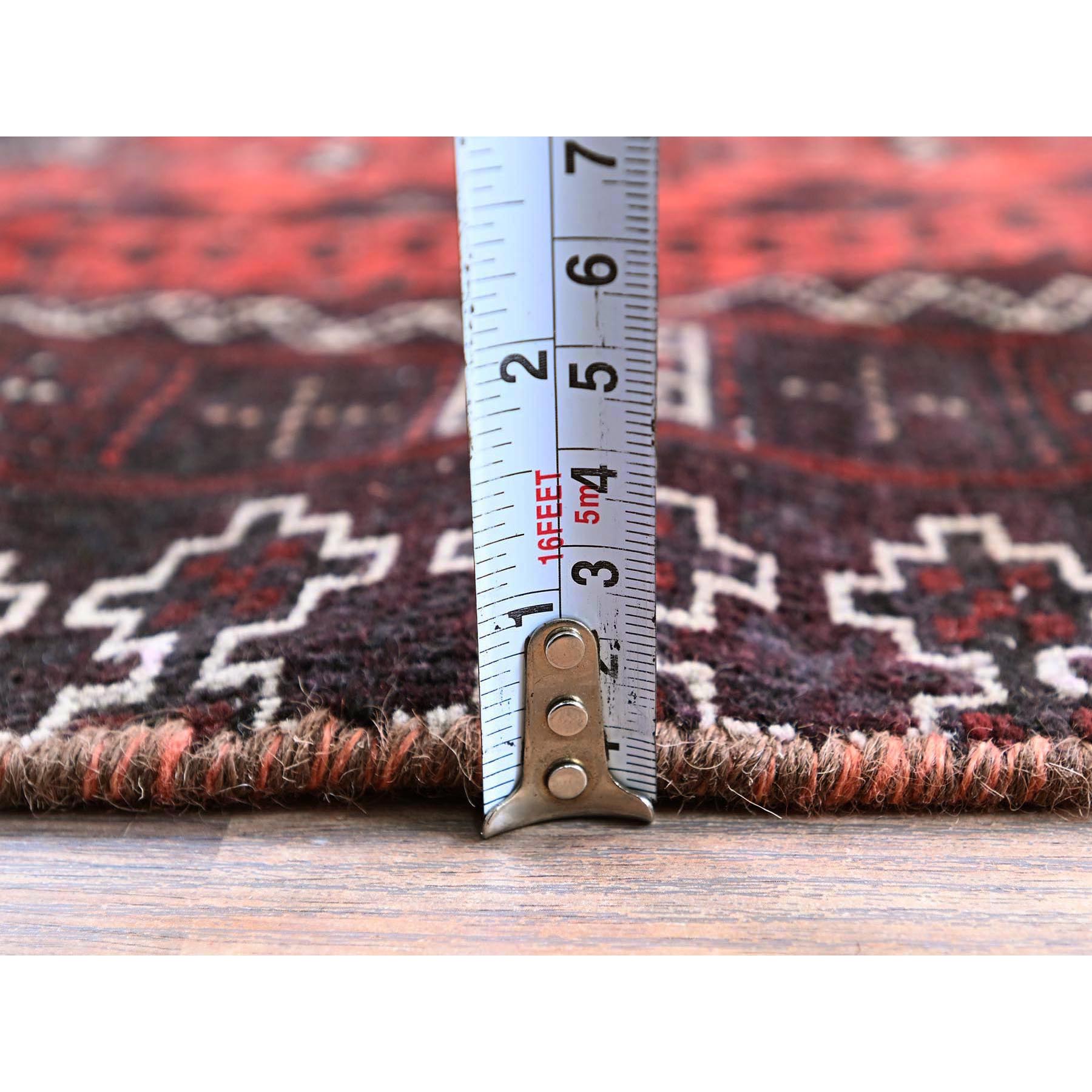 3'5"x6'6" Carmine Red, Vintage Persian Baluch with Geometric Pattern, Sheared Low, Zero Pile, Sides and Ends Professionally Secured, Clean, Hand Knotted, 100% Wool, Wide Runner, Oriental Rug Sh867