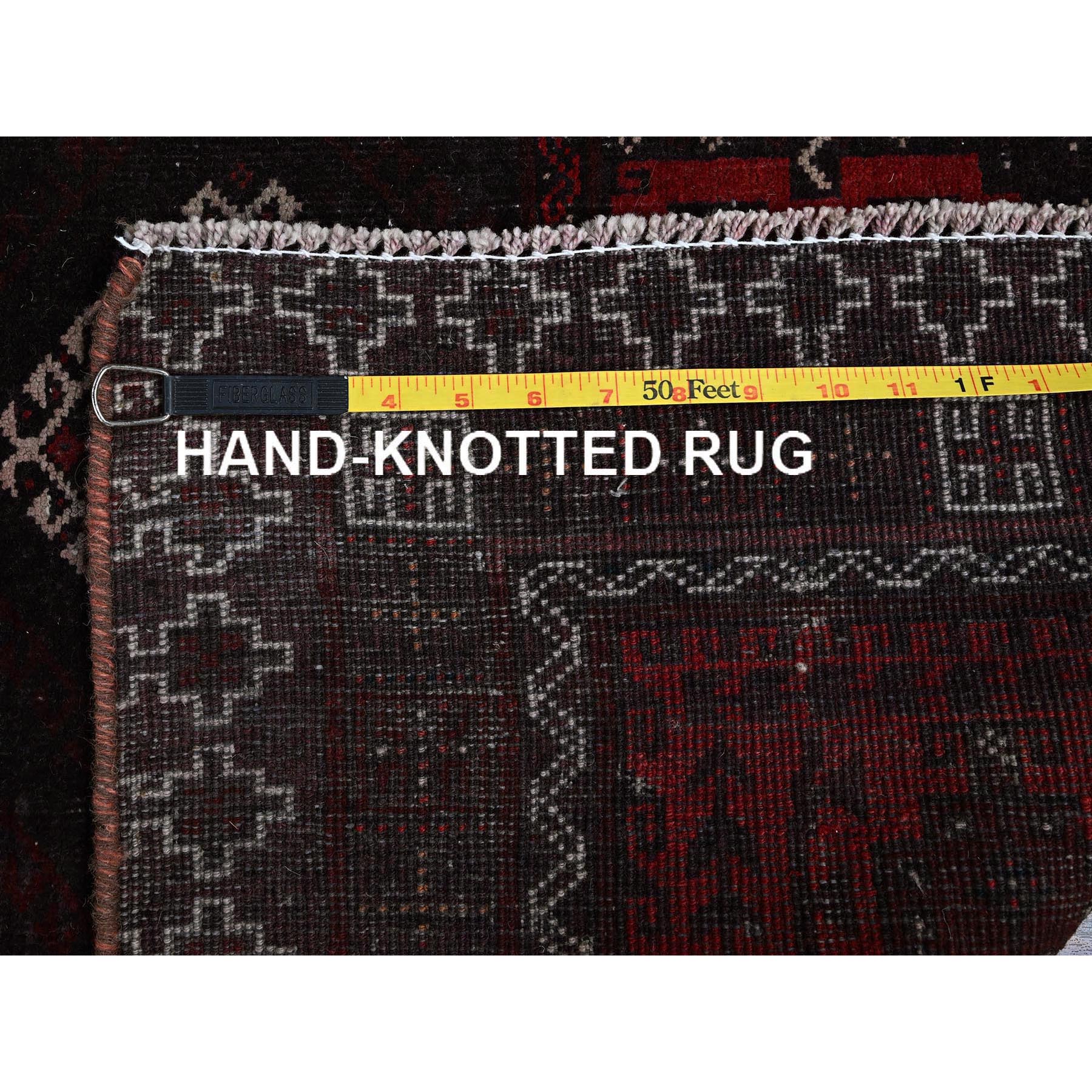 3'5"x6'6" Carmine Red, Vintage Persian Baluch with Geometric Pattern, Sheared Low, Zero Pile, Sides and Ends Professionally Secured, Clean, Hand Knotted, 100% Wool, Wide Runner, Oriental Rug Sh867