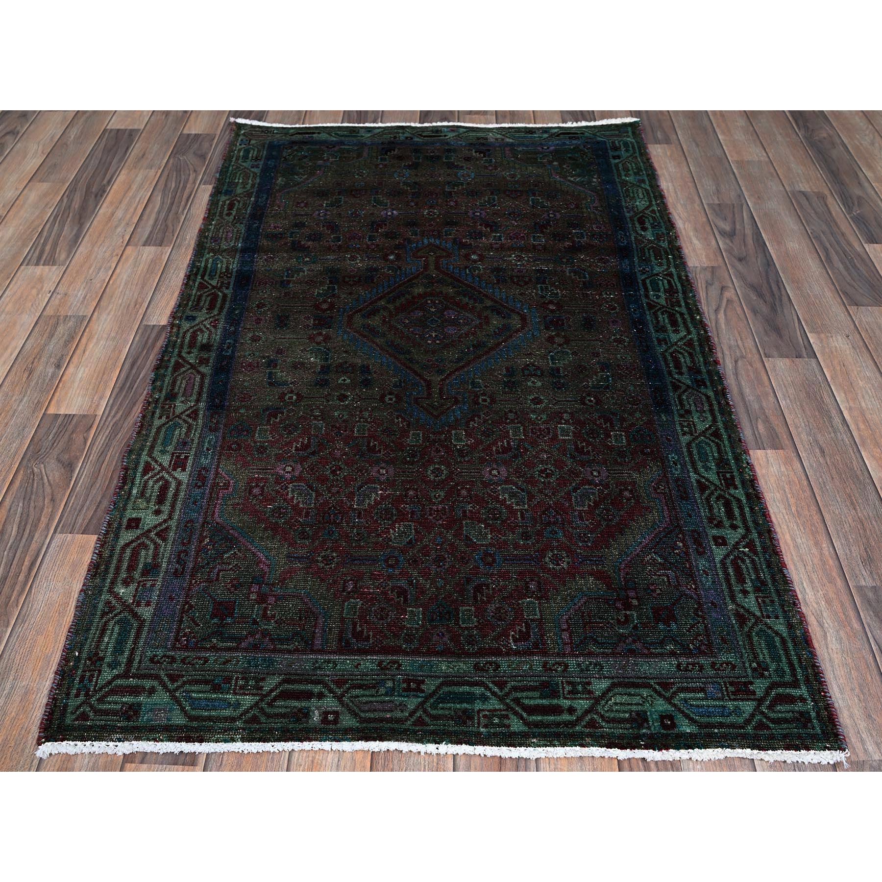 3'2"x5'1" Rust Red, Overdyed Vintage Persian Hamadan with Geometric Medallion Design, Distressed and Worn, Cropped Thin, Zero Pile, Sides and Ends Professionally Secured, Hand Knotted, 100% Wool, Oriental Rug Sh868