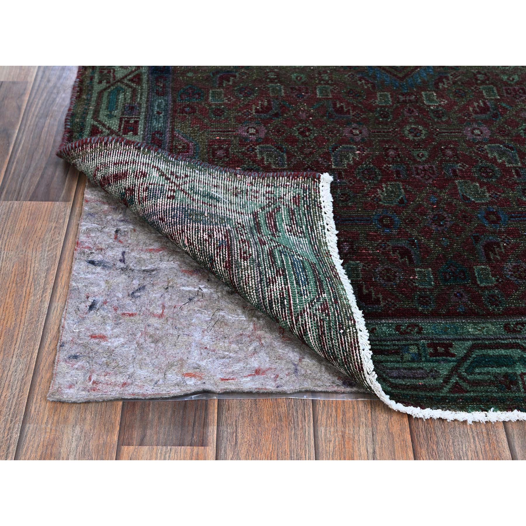 3'2"x5'1" Rust Red, Overdyed Vintage Persian Hamadan with Geometric Medallion Design, Distressed and Worn, Cropped Thin, Zero Pile, Sides and Ends Professionally Secured, Hand Knotted, 100% Wool, Oriental Rug Sh868