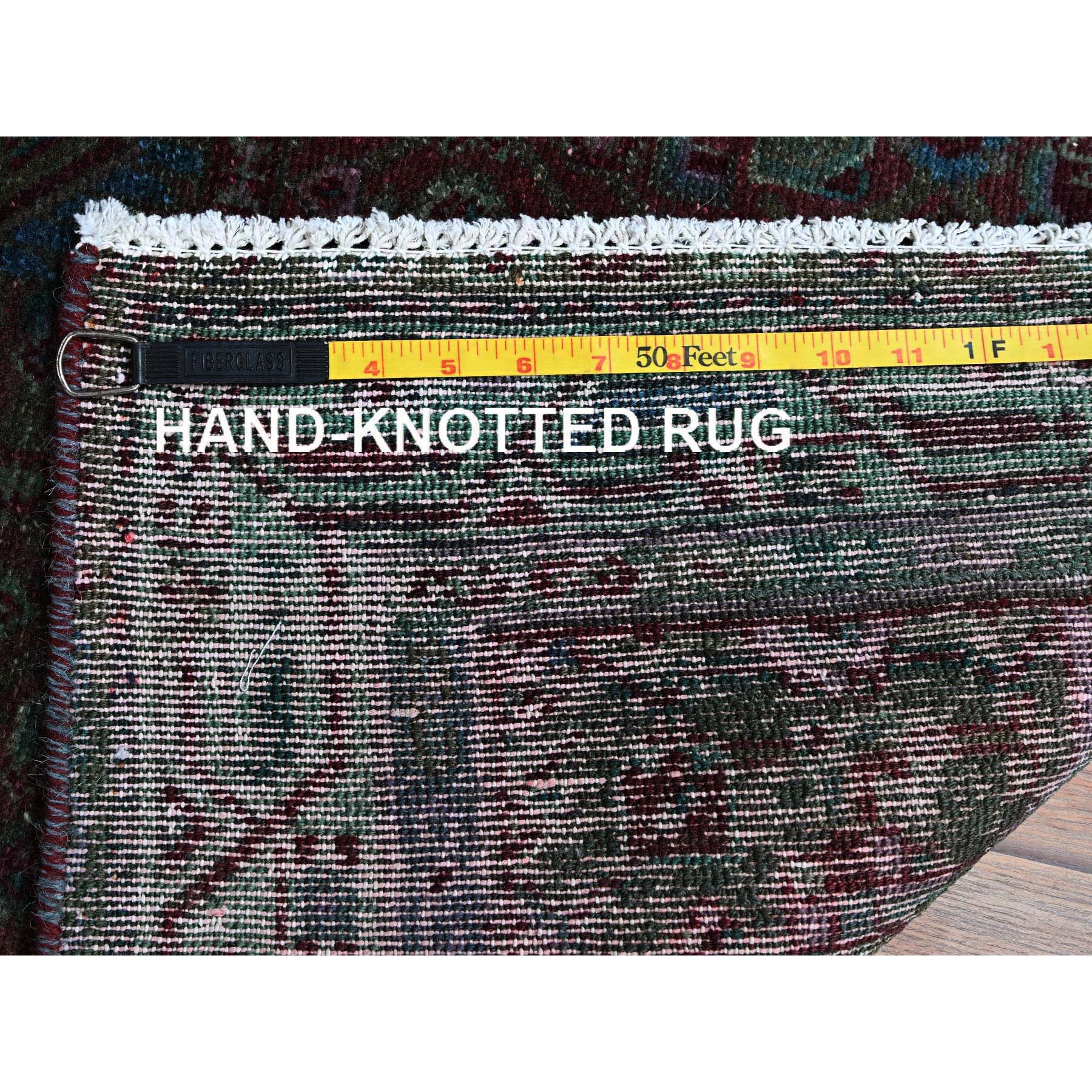 3'2"x5'1" Rust Red, Overdyed Vintage Persian Hamadan with Geometric Medallion Design, Distressed and Worn, Cropped Thin, Zero Pile, Sides and Ends Professionally Secured, Hand Knotted, 100% Wool, Oriental Rug Sh868