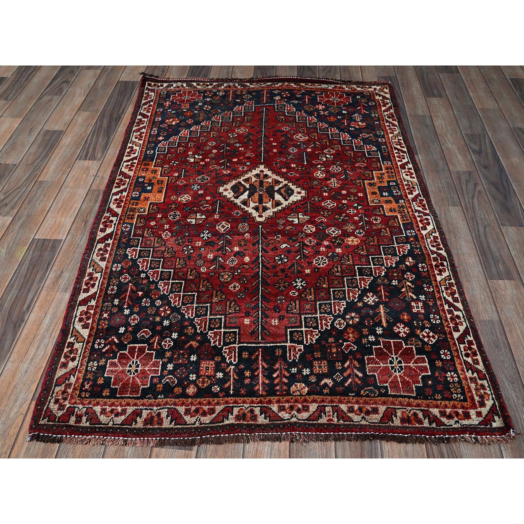 3'6"x5'1" Scarlet Red, Vintage Persian Shiraz with Geometric Medallion Design, Shaved Low, Zero Pile, Sides and Ends Professionally Secured, Clean, Hand Knotted, 100% Wool, Oriental Rug Sh869