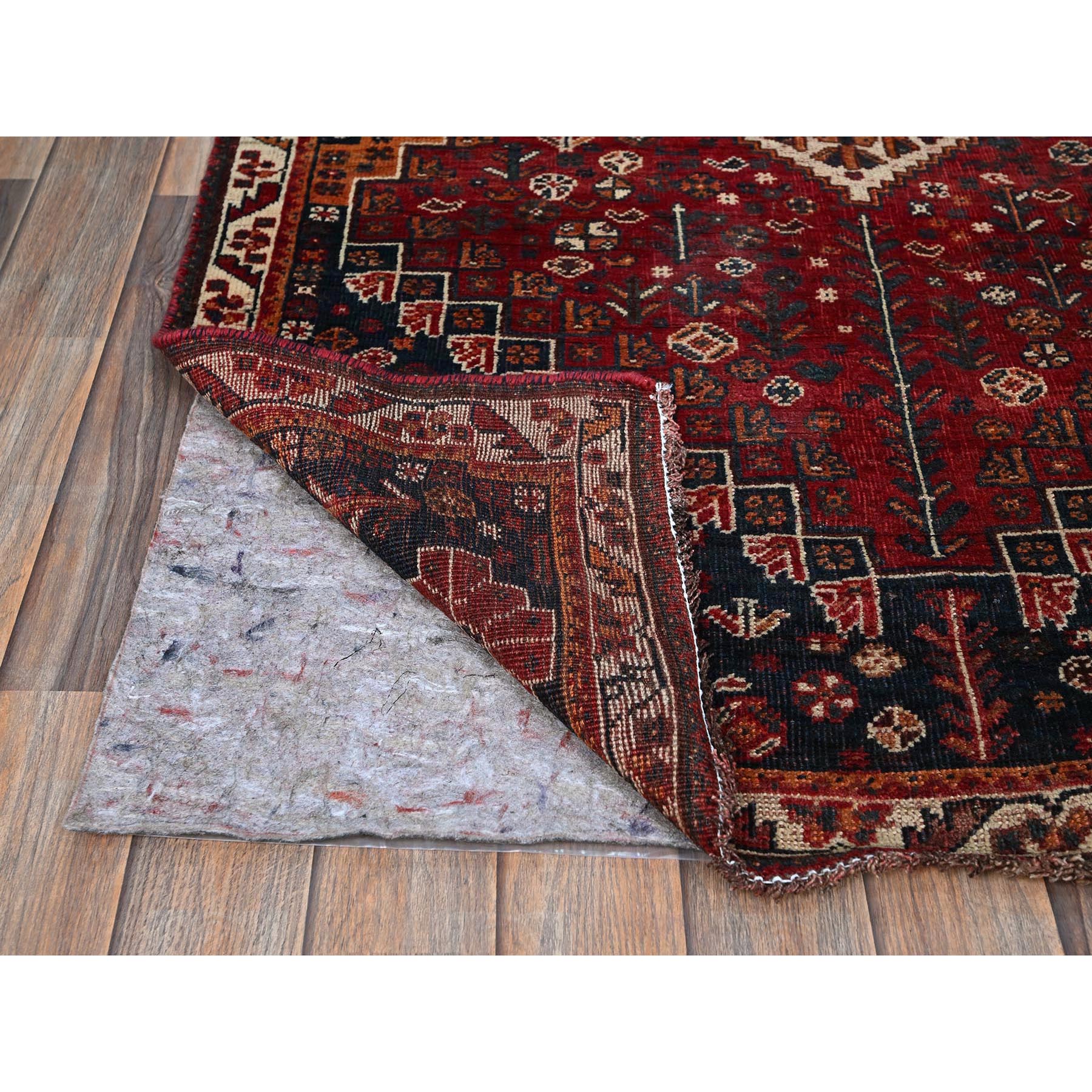 3'6"x5'1" Scarlet Red, Vintage Persian Shiraz with Geometric Medallion Design, Shaved Low, Zero Pile, Sides and Ends Professionally Secured, Clean, Hand Knotted, 100% Wool, Oriental Rug Sh869