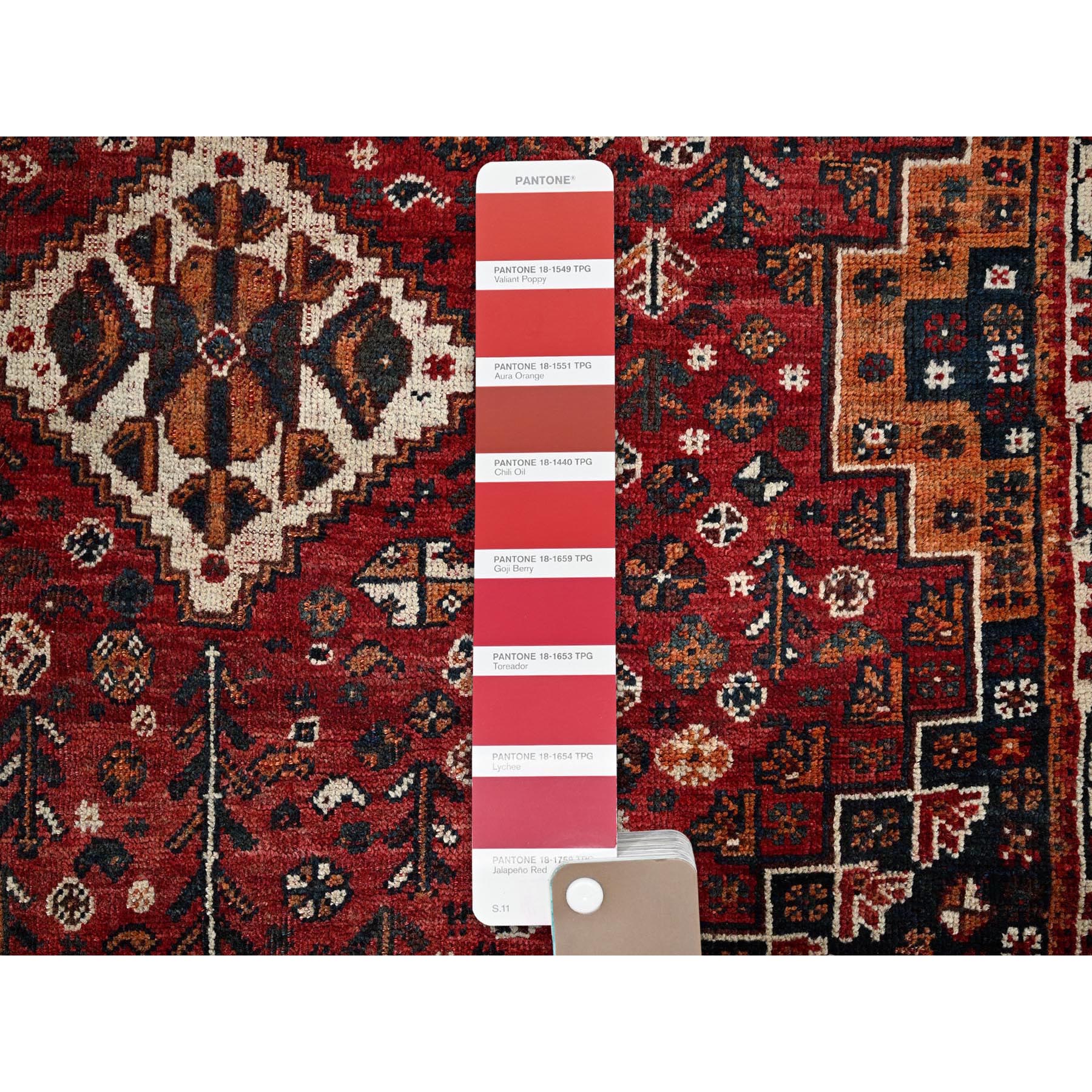 3'6"x5'1" Scarlet Red, Vintage Persian Shiraz with Geometric Medallion Design, Shaved Low, Zero Pile, Sides and Ends Professionally Secured, Clean, Hand Knotted, 100% Wool, Oriental Rug Sh869