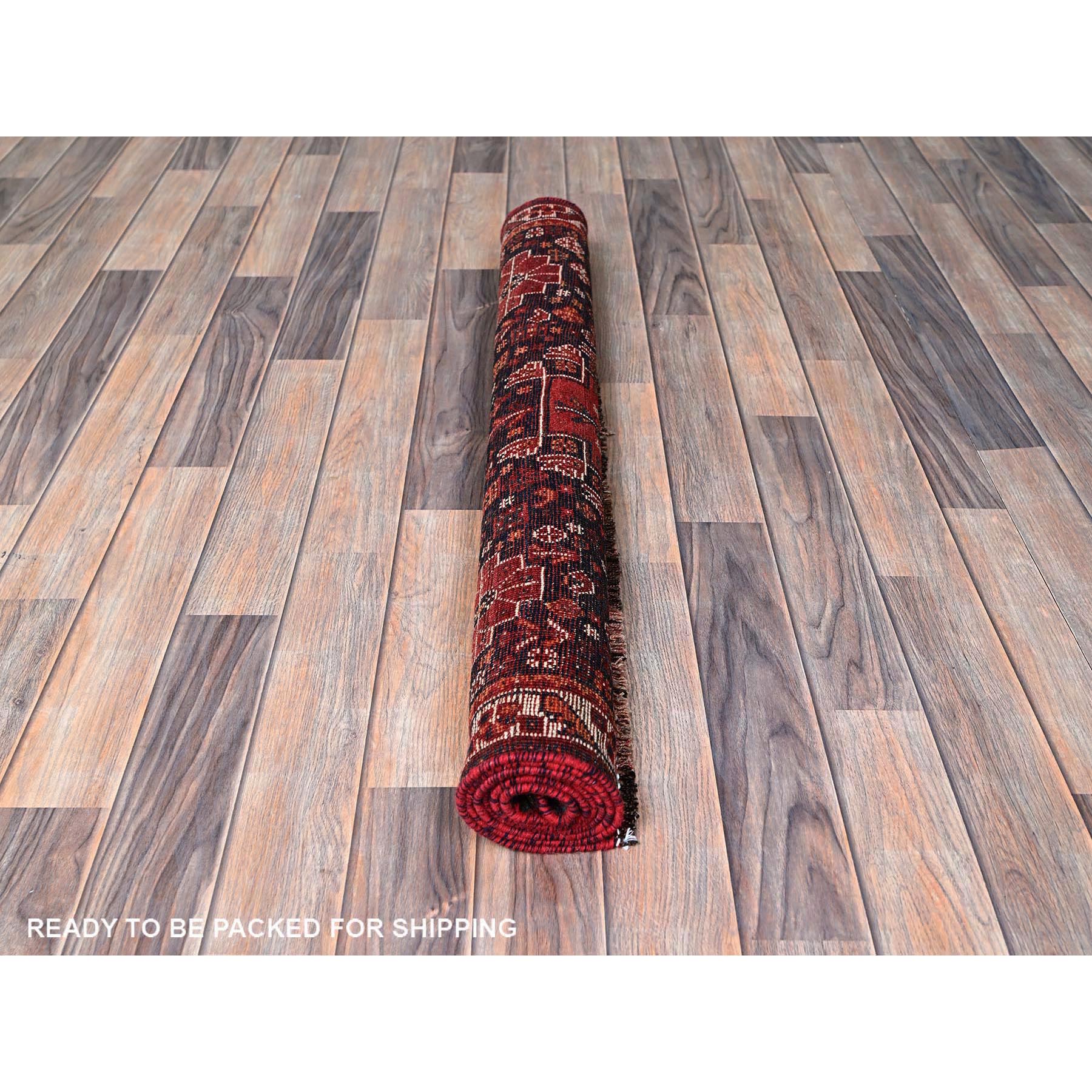 3'6"x5'1" Scarlet Red, Vintage Persian Shiraz with Geometric Medallion Design, Shaved Low, Zero Pile, Sides and Ends Professionally Secured, Clean, Hand Knotted, 100% Wool, Oriental Rug Sh869