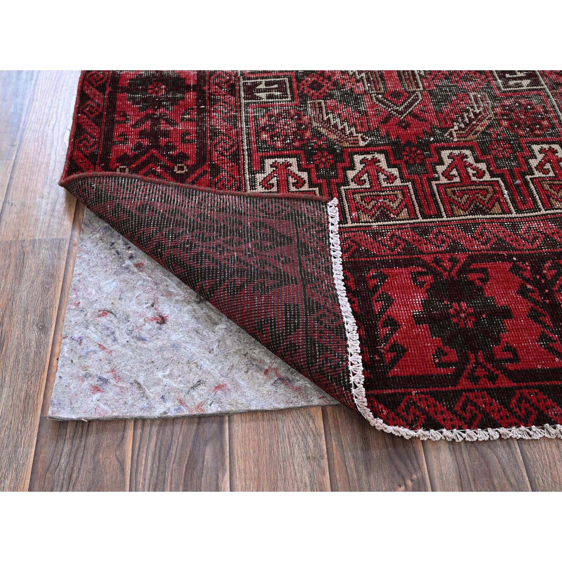 3'3"x6'8" Scarlet Red, Vintage Persian Baluch with Geometric Pattern, Shaved Low, Zero Pile, Worn and Distressed, Sides and Ends Professionally Secured, Hand Knotted, 100% Wool, Wide Runner, Oriental Rug Sh871