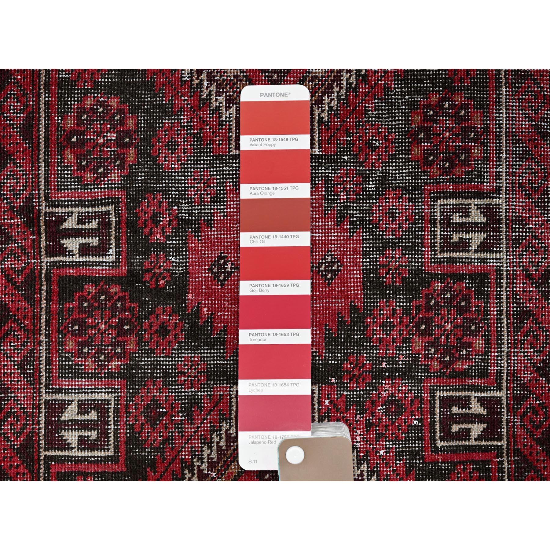 3'3"x6'8" Scarlet Red, Vintage Persian Baluch with Geometric Pattern, Shaved Low, Zero Pile, Worn and Distressed, Sides and Ends Professionally Secured, Hand Knotted, 100% Wool, Wide Runner, Oriental Rug Sh871