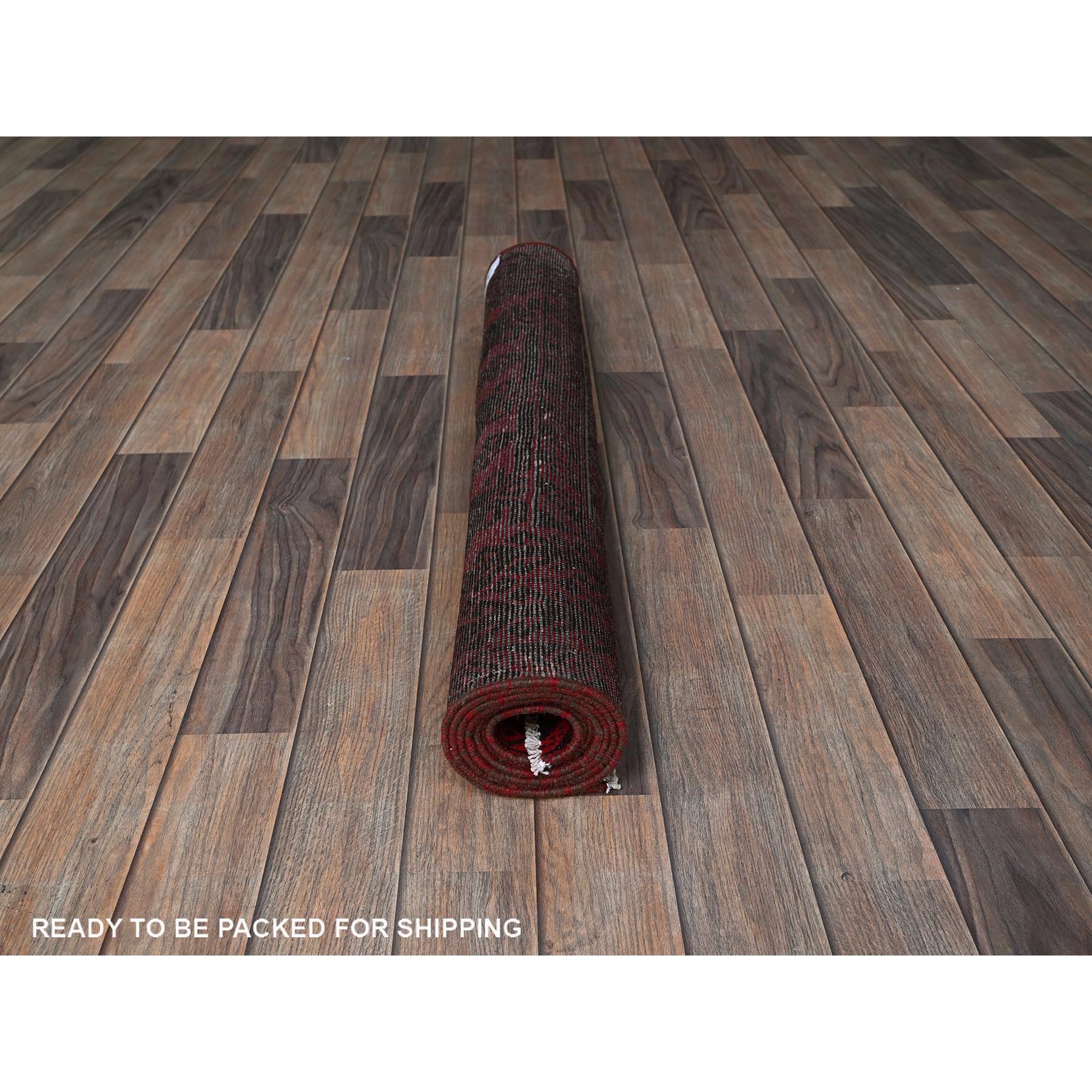 3'3"x6'8" Scarlet Red, Vintage Persian Baluch with Geometric Pattern, Shaved Low, Zero Pile, Worn and Distressed, Sides and Ends Professionally Secured, Hand Knotted, 100% Wool, Wide Runner, Oriental Rug Sh871