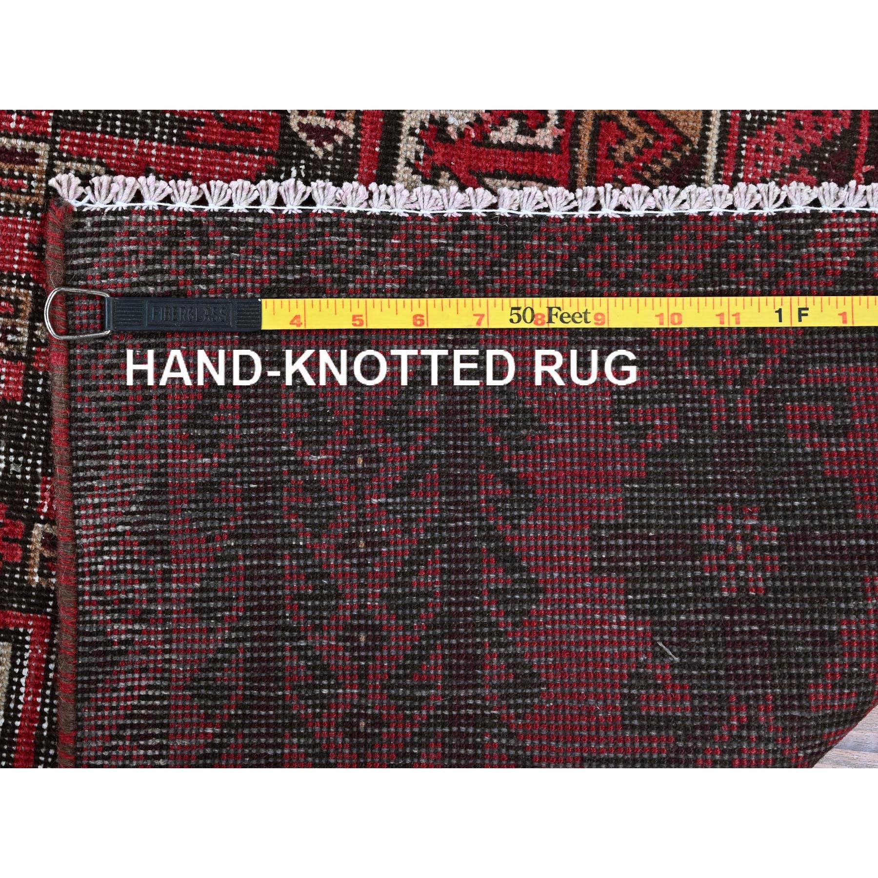 3'3"x6'8" Scarlet Red, Vintage Persian Baluch with Geometric Pattern, Shaved Low, Zero Pile, Worn and Distressed, Sides and Ends Professionally Secured, Hand Knotted, 100% Wool, Wide Runner, Oriental Rug Sh871