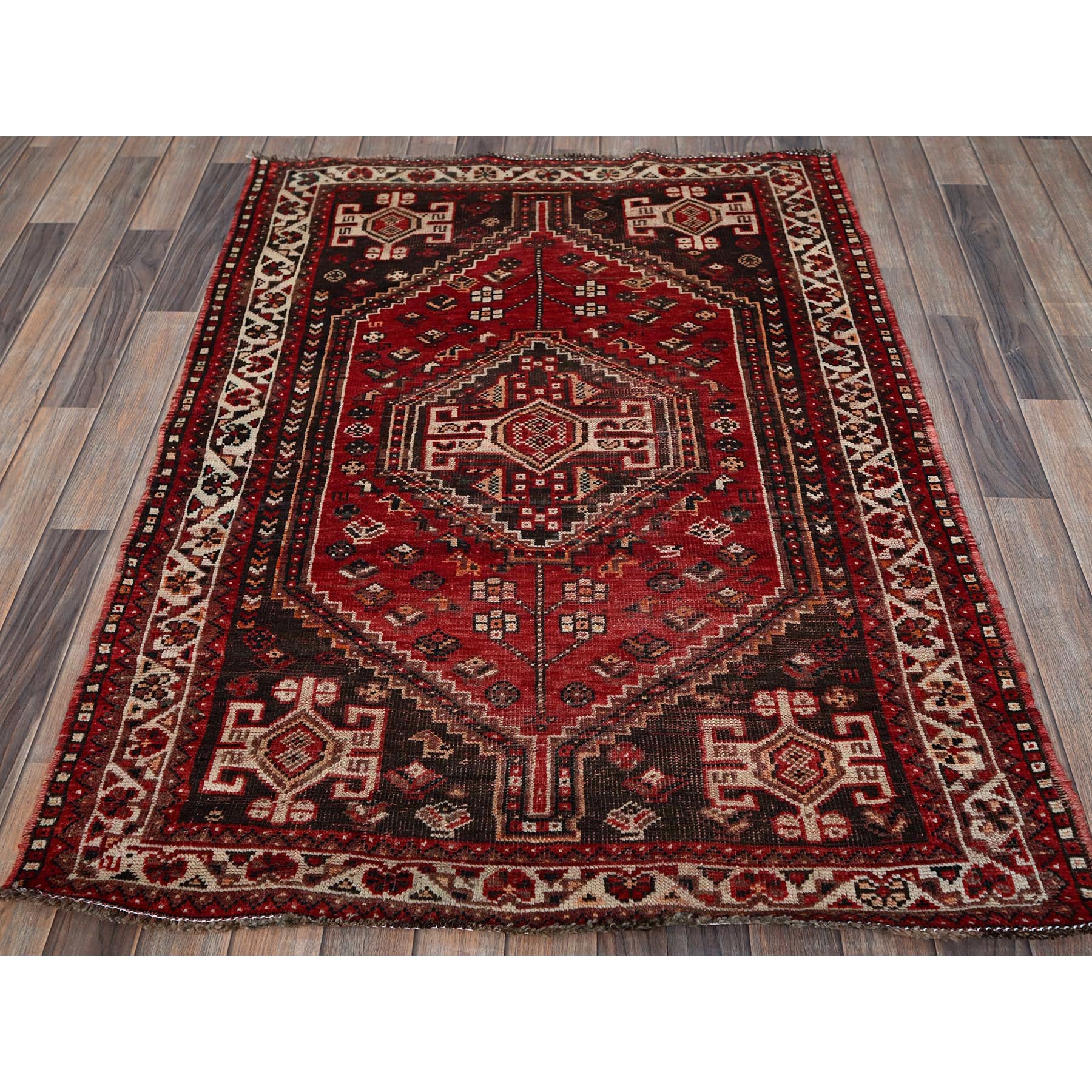 3'9"x5'1" Crimson Red, Vintage Persian Shiraz with Small Animal Figurines, Geometric Medallion Design, Shaved Down, Zero Pile, Sides and Ends Professionally Secured, Clean, Hand Knotted, 100% Wool, Oriental Rug Sh873