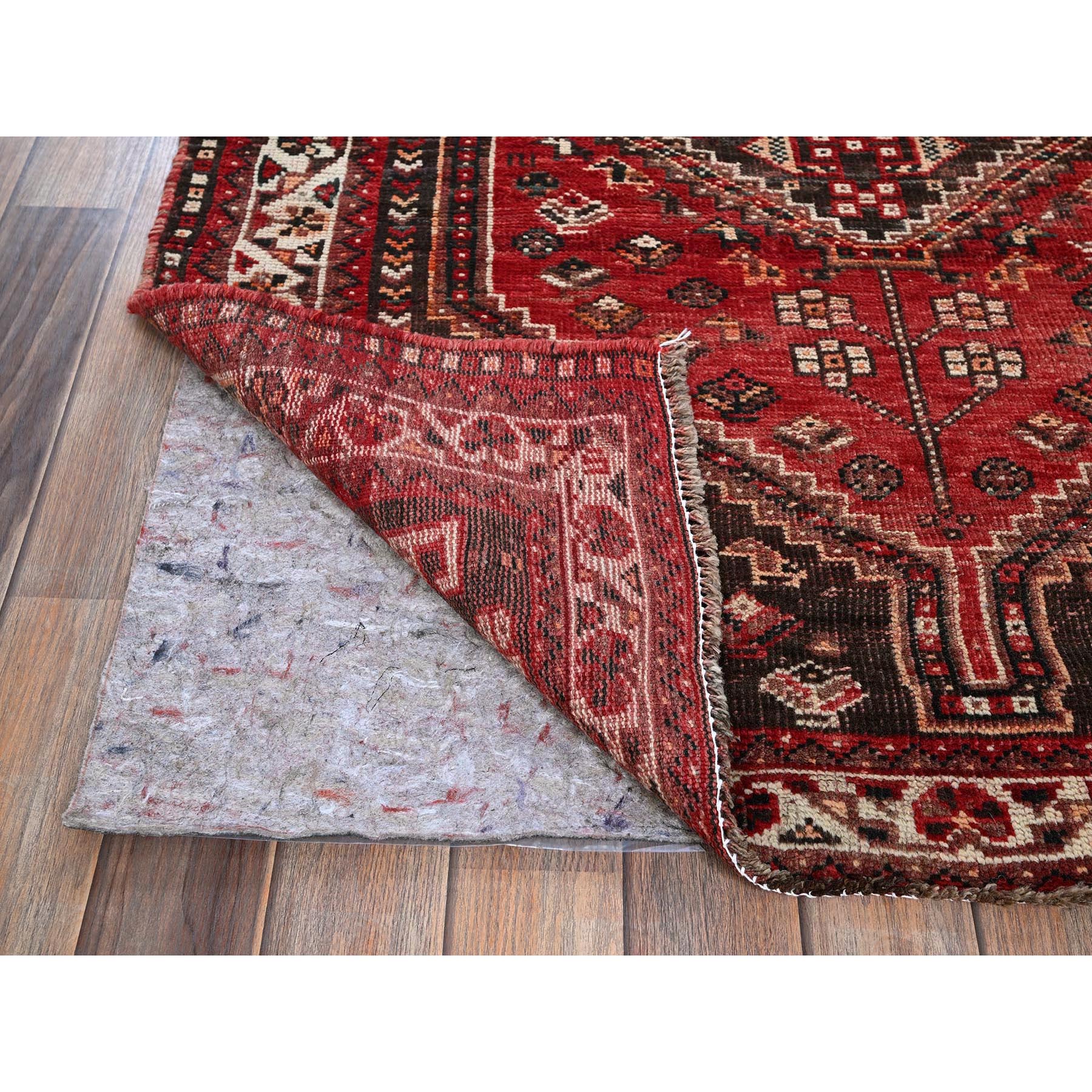 3'9"x5'1" Crimson Red, Vintage Persian Shiraz with Small Animal Figurines, Geometric Medallion Design, Shaved Down, Zero Pile, Sides and Ends Professionally Secured, Clean, Hand Knotted, 100% Wool, Oriental Rug Sh873