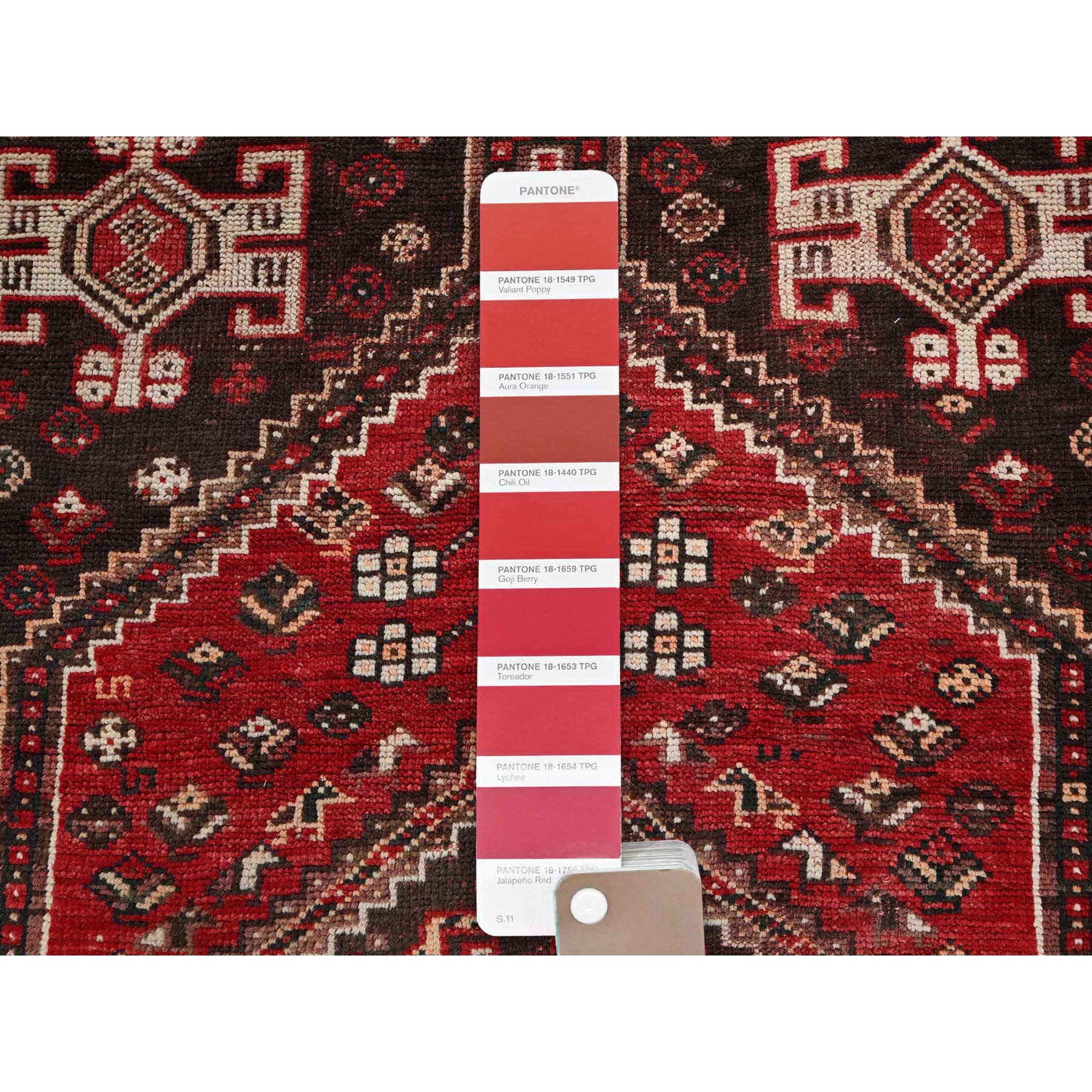 3'9"x5'1" Crimson Red, Vintage Persian Shiraz with Small Animal Figurines, Geometric Medallion Design, Shaved Down, Zero Pile, Sides and Ends Professionally Secured, Clean, Hand Knotted, 100% Wool, Oriental Rug Sh873