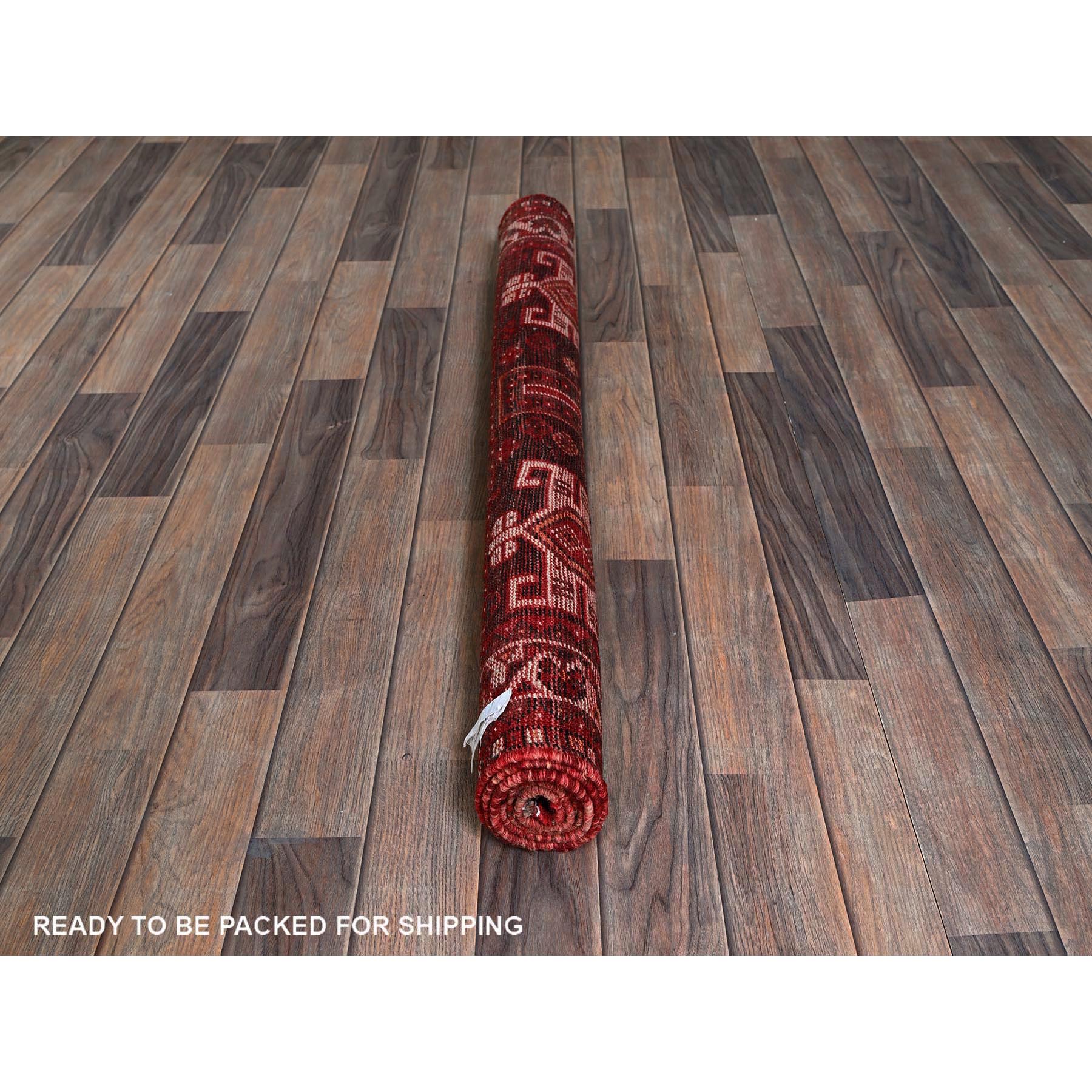 3'9"x5'1" Crimson Red, Vintage Persian Shiraz with Small Animal Figurines, Geometric Medallion Design, Shaved Down, Zero Pile, Sides and Ends Professionally Secured, Clean, Hand Knotted, 100% Wool, Oriental Rug Sh873