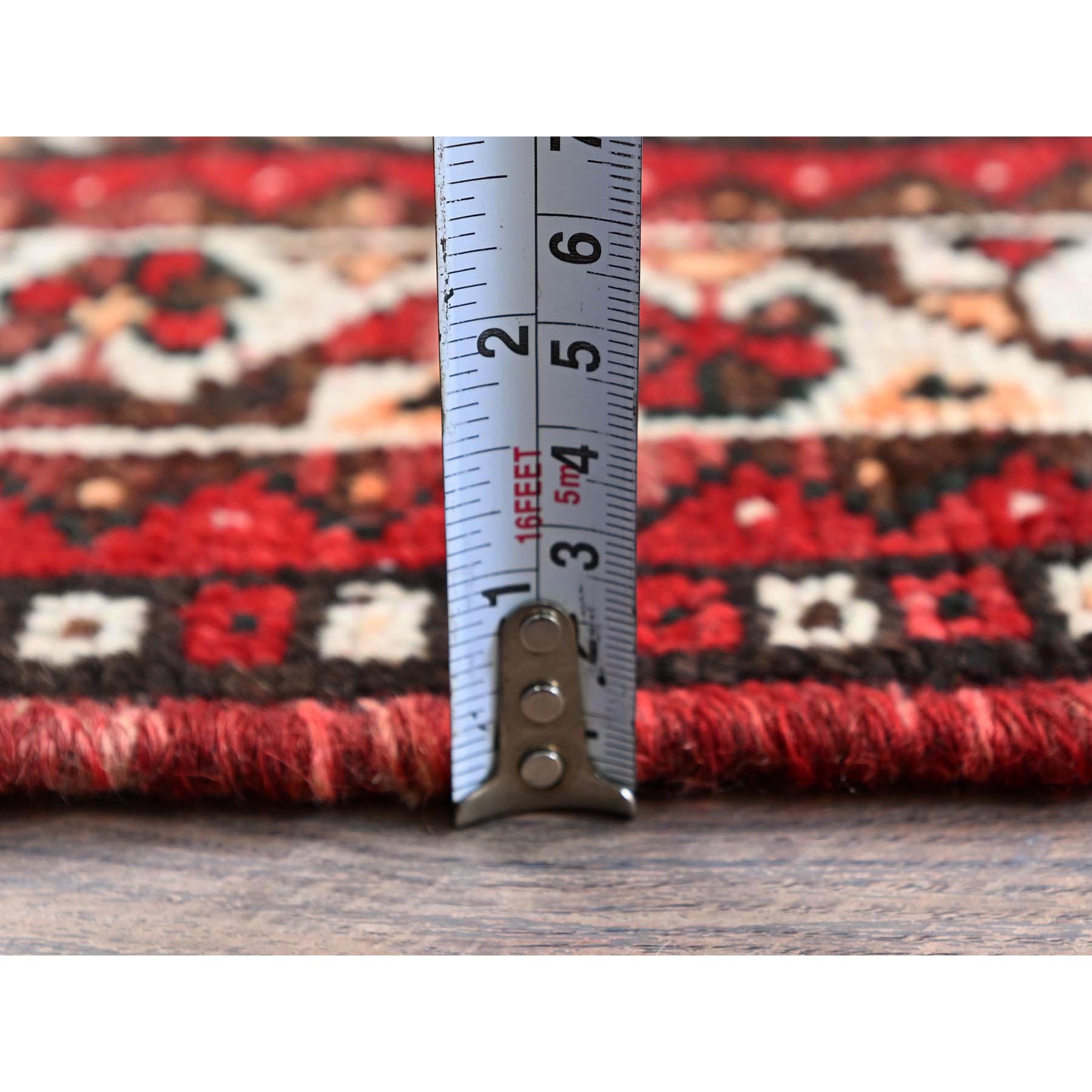 3'9"x5'1" Crimson Red, Vintage Persian Shiraz with Small Animal Figurines, Geometric Medallion Design, Shaved Down, Zero Pile, Sides and Ends Professionally Secured, Clean, Hand Knotted, 100% Wool, Oriental Rug Sh873