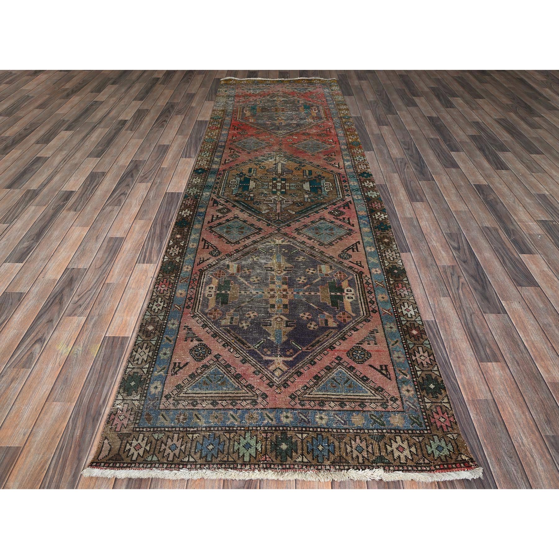 3'6"x11' Blush Red, Vintage Northwest Persian with Geometric Medallions Design, Worn and Distressed, 100% Wool, Hand Knotted, Cropped Thin, Zero Pile, Sides and Ends Professionally Secured, Wide Runner, Oriental Rug Sh874