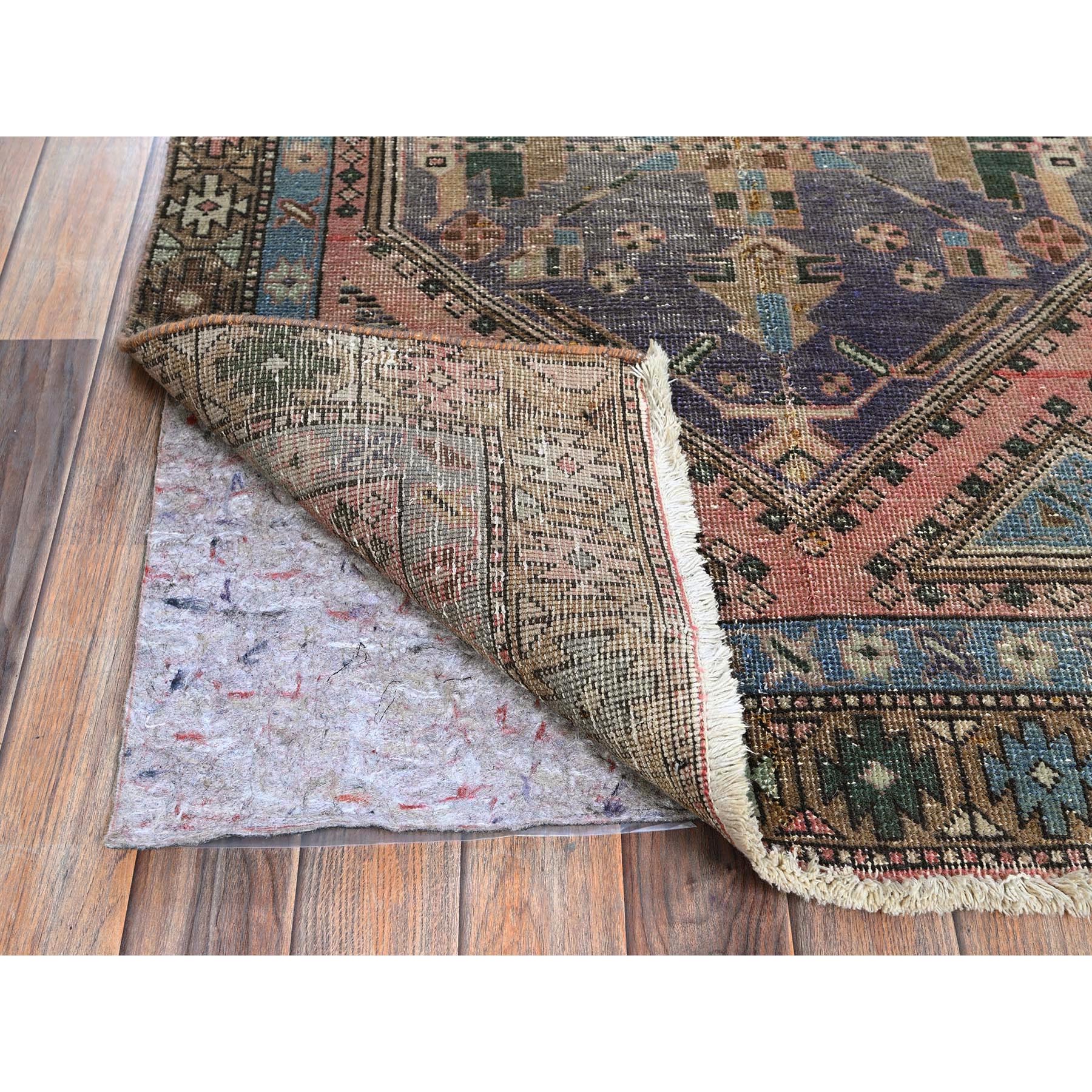 3'6"x11' Blush Red, Vintage Northwest Persian with Geometric Medallions Design, Worn and Distressed, 100% Wool, Hand Knotted, Cropped Thin, Zero Pile, Sides and Ends Professionally Secured, Wide Runner, Oriental Rug Sh874