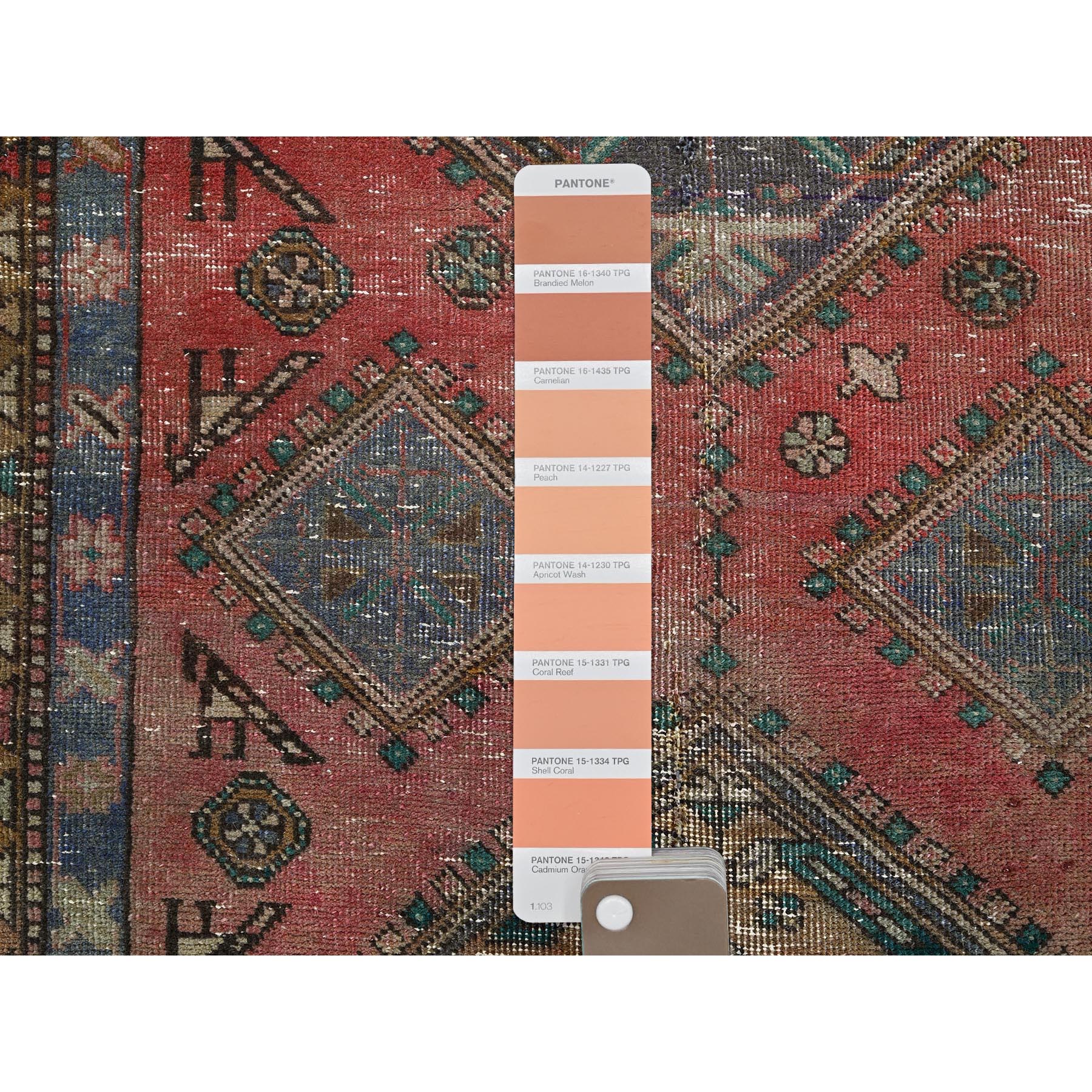 3'6"x11' Blush Red, Vintage Northwest Persian with Geometric Medallions Design, Worn and Distressed, 100% Wool, Hand Knotted, Cropped Thin, Zero Pile, Sides and Ends Professionally Secured, Wide Runner, Oriental Rug Sh874