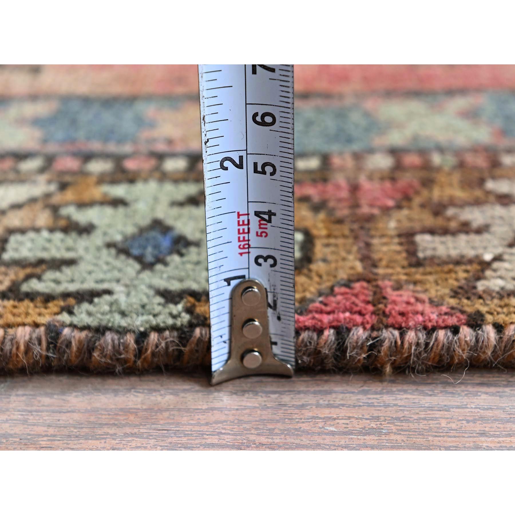3'6"x11' Blush Red, Vintage Northwest Persian with Geometric Medallions Design, Worn and Distressed, 100% Wool, Hand Knotted, Cropped Thin, Zero Pile, Sides and Ends Professionally Secured, Wide Runner, Oriental Rug Sh874