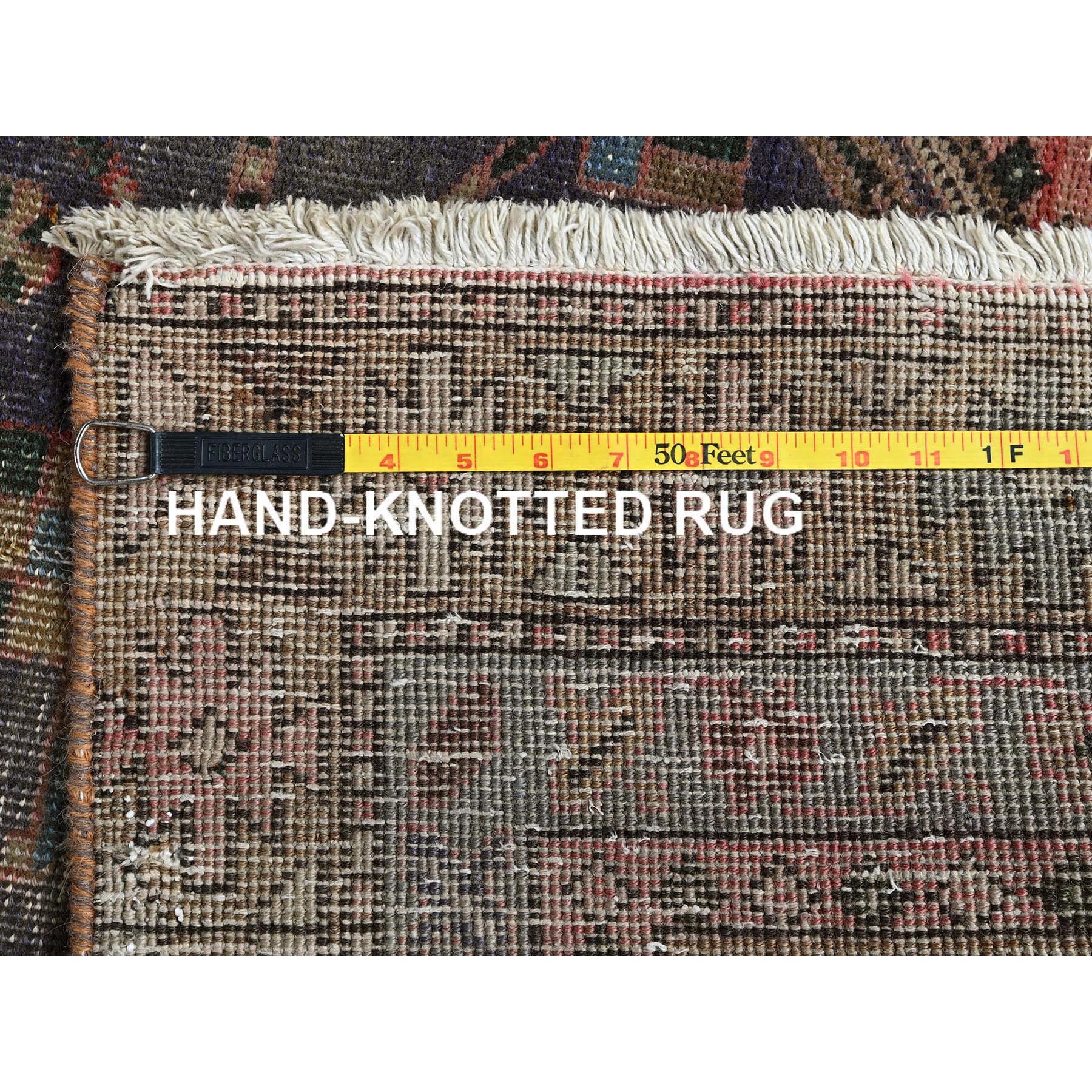 3'6"x11' Blush Red, Vintage Northwest Persian with Geometric Medallions Design, Worn and Distressed, 100% Wool, Hand Knotted, Cropped Thin, Zero Pile, Sides and Ends Professionally Secured, Wide Runner, Oriental Rug Sh874