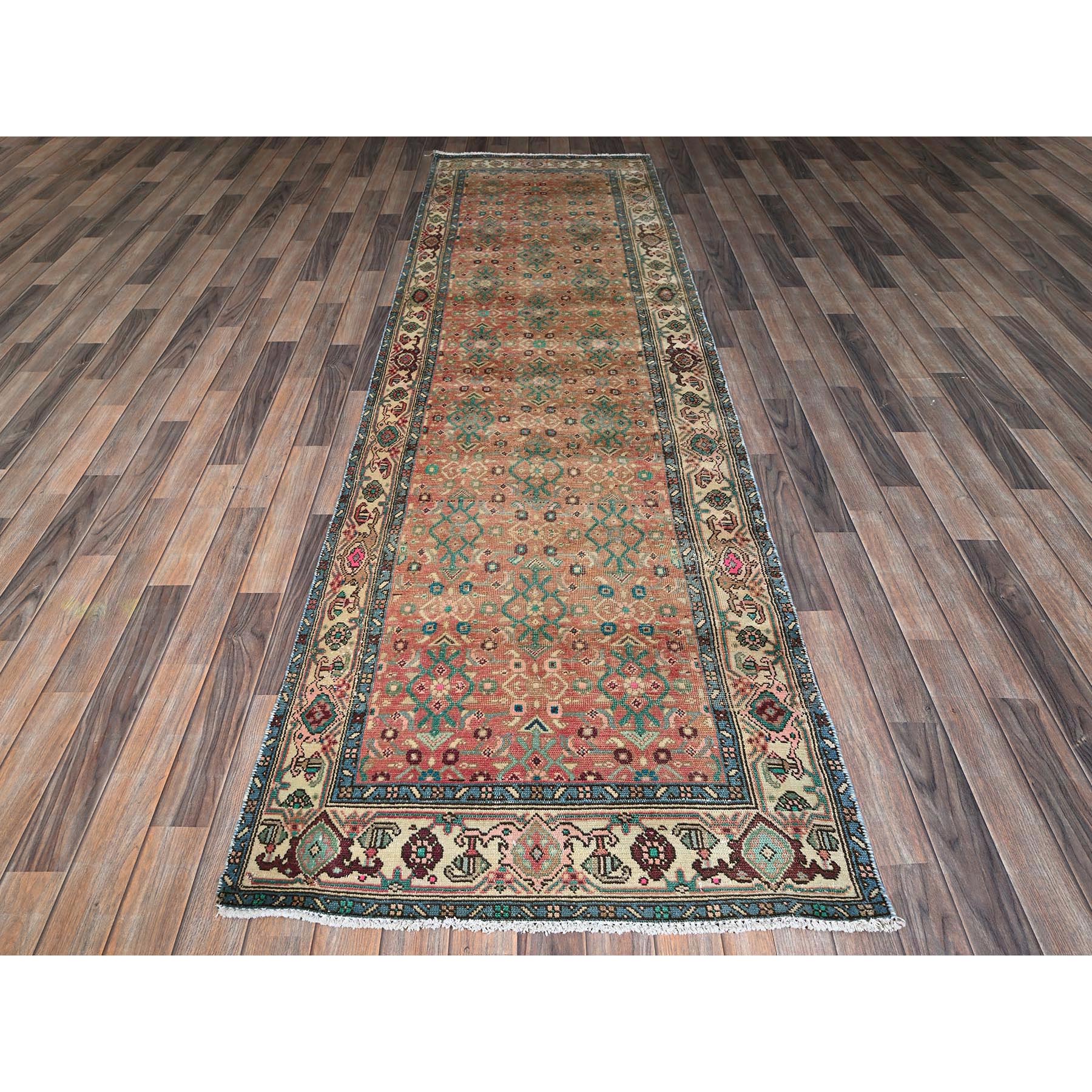 3'3"x10'7" Peach Color, Vintage Northwest Persian with All Over Intricate Geometric Design, 100% Wool, Hand Knotted, Worn and Distressed, Sheared Low, Zero Pile, Sides and Ends Professionally Secured, Good Condition, Wide Runner, Oriental Rug Sh875