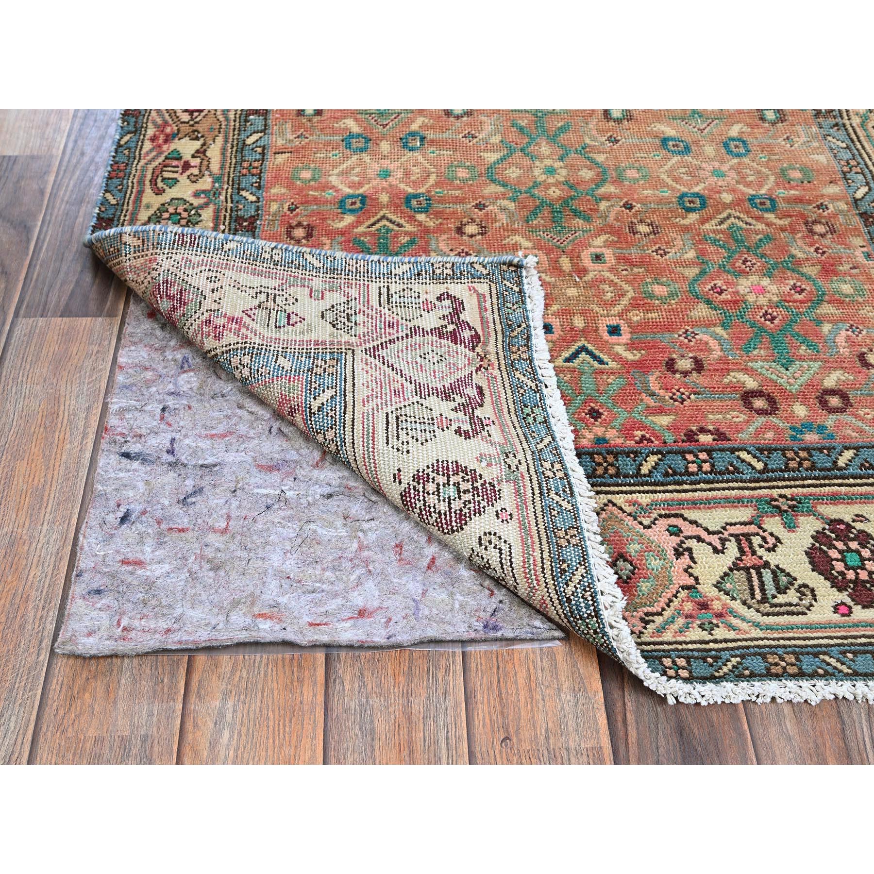 3'3"x10'7" Peach Color, Vintage Northwest Persian with All Over Intricate Geometric Design, 100% Wool, Hand Knotted, Worn and Distressed, Sheared Low, Zero Pile, Sides and Ends Professionally Secured, Good Condition, Wide Runner, Oriental Rug Sh875