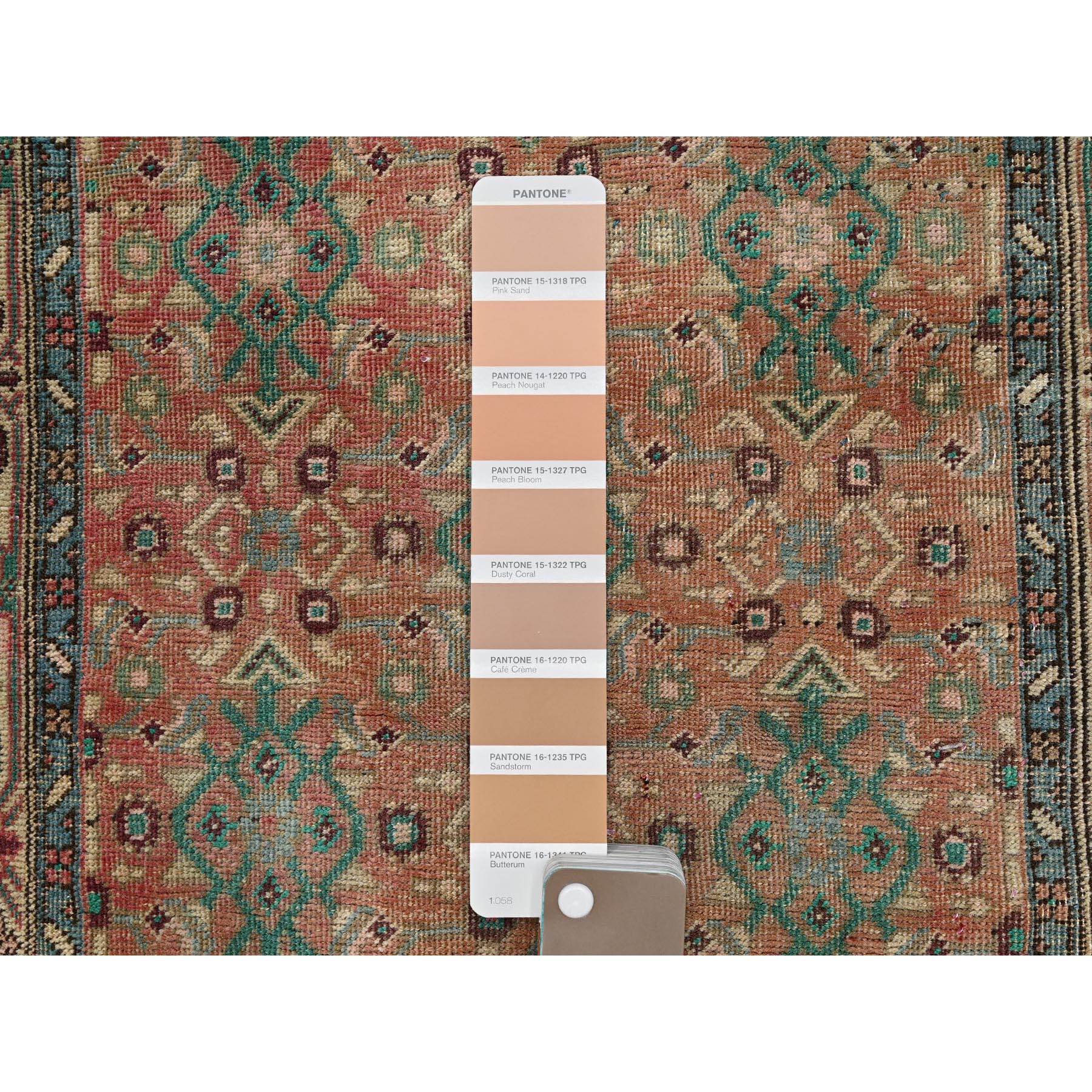 3'3"x10'7" Peach Color, Vintage Northwest Persian with All Over Intricate Geometric Design, 100% Wool, Hand Knotted, Worn and Distressed, Sheared Low, Zero Pile, Sides and Ends Professionally Secured, Good Condition, Wide Runner, Oriental Rug Sh875